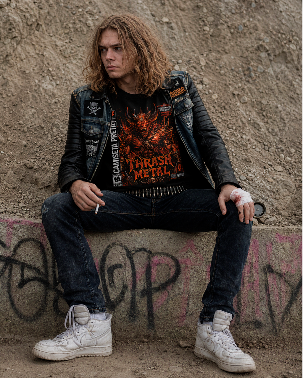 Camiseta Preta Thrasher Metal Estampa Underground Heavy Metal