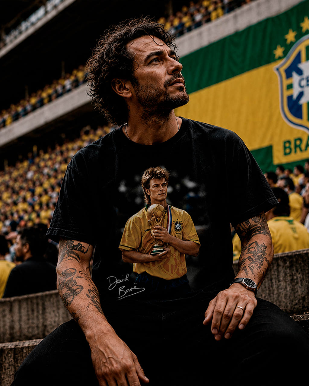 Camiseta Preta David Bowie Levando a Copa Para Casa