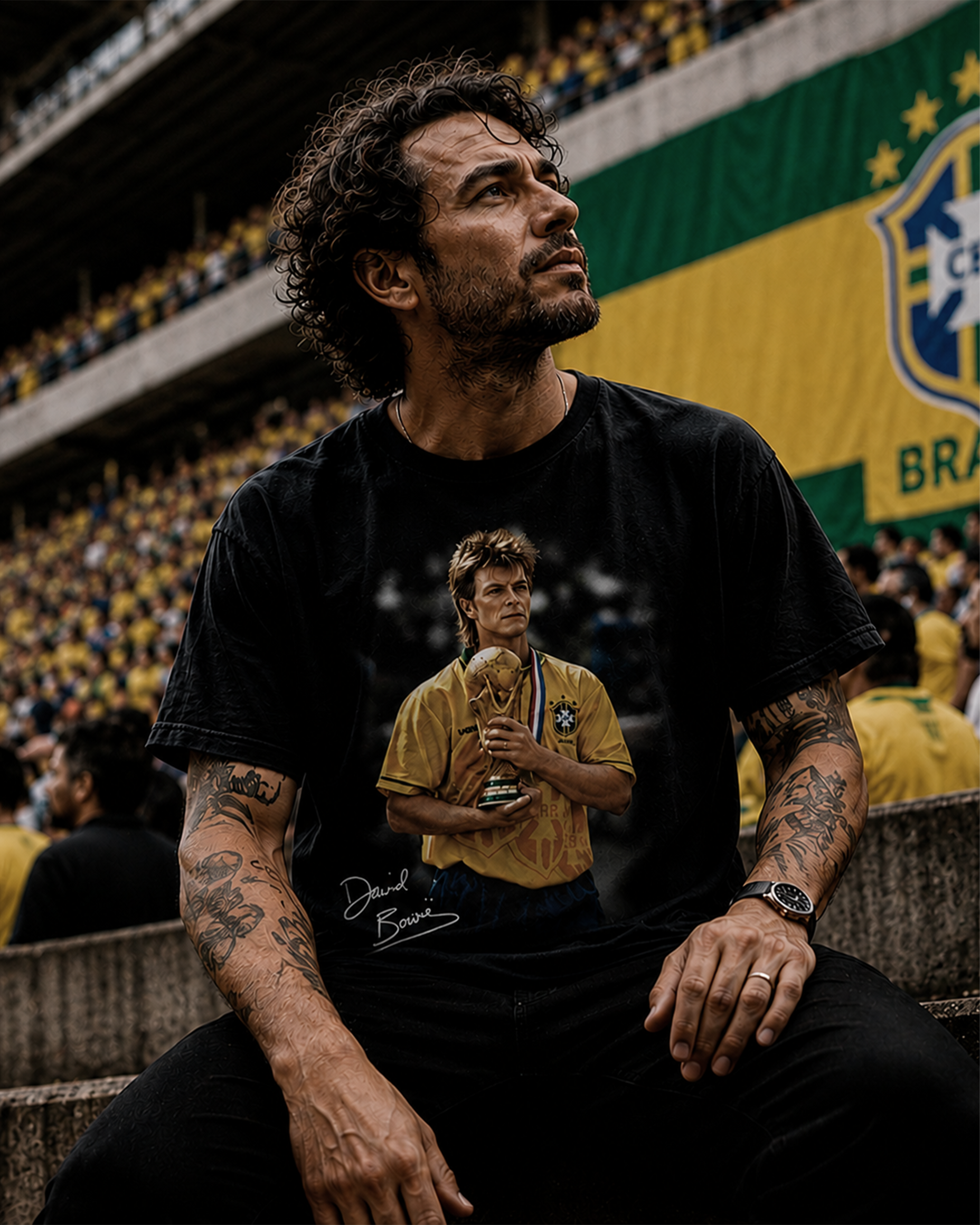 Camiseta Preta David Bowie Levando a Copa Para Casa