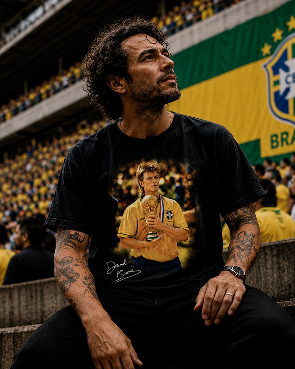 Camiseta Preta David Bowie Levando a Copa Para Casa