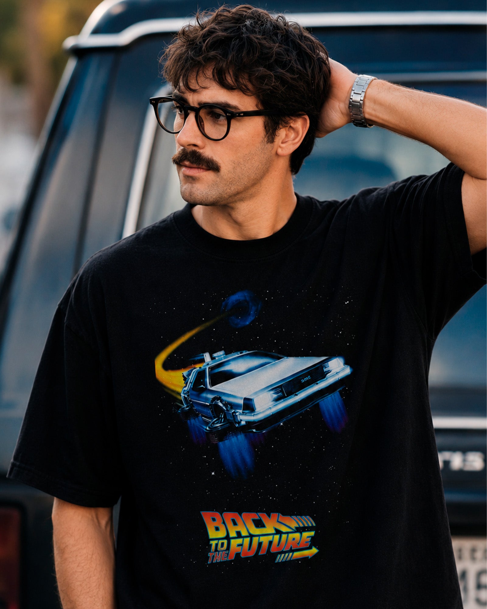 Camiseta Preta DeLorean Espacial Clássico dos Anos 80