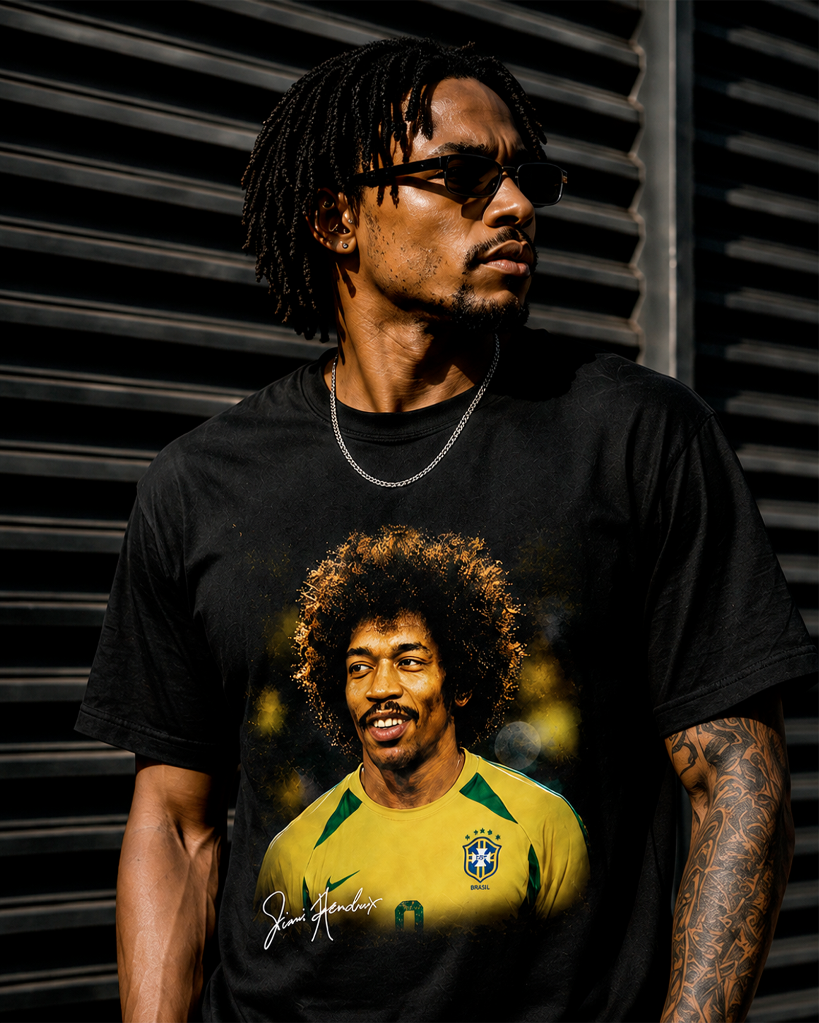 Camiseta Preta Jimi Hendrix Vestindo a Amarelinha