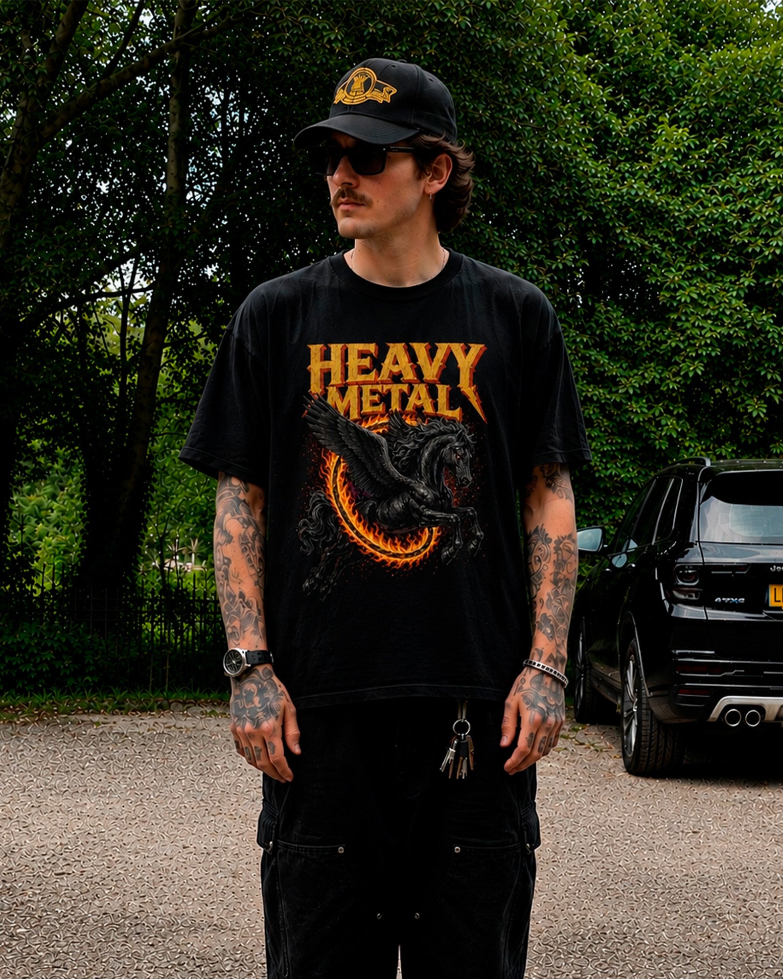 Camiseta Preta Heavy Metal Cavalo Alado em Chamas Rock Pesado
