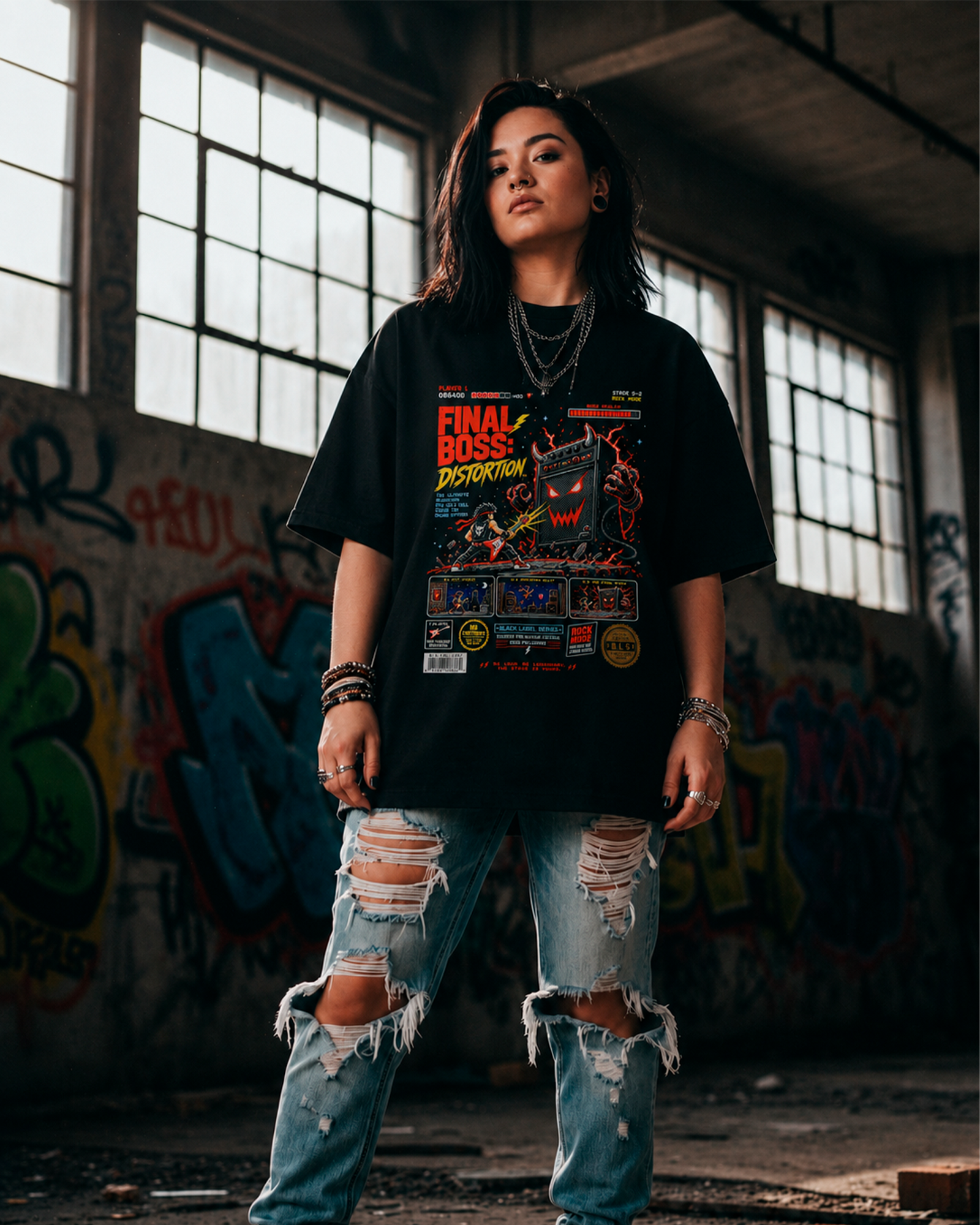 Camiseta Preta Rock Mode Final Boss Distortion