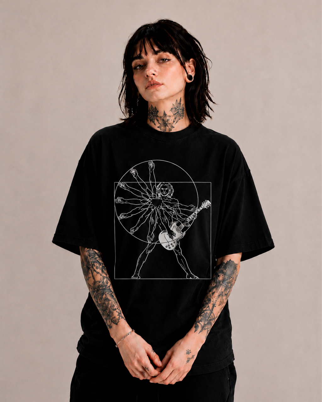 Camiseta Preta Homem Vitruviano Guitarrista