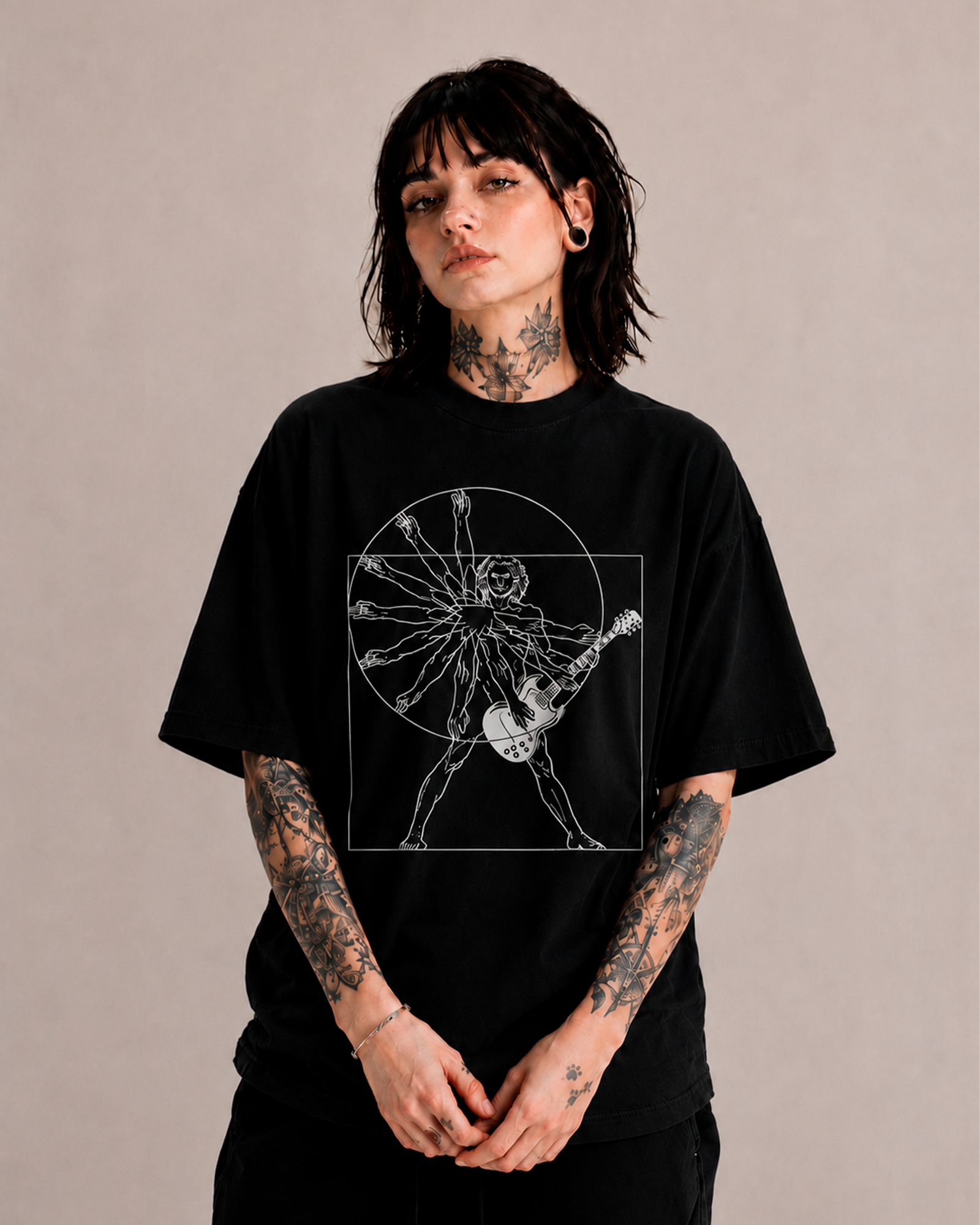 Camiseta Preta Homem Vitruviano Guitarrista