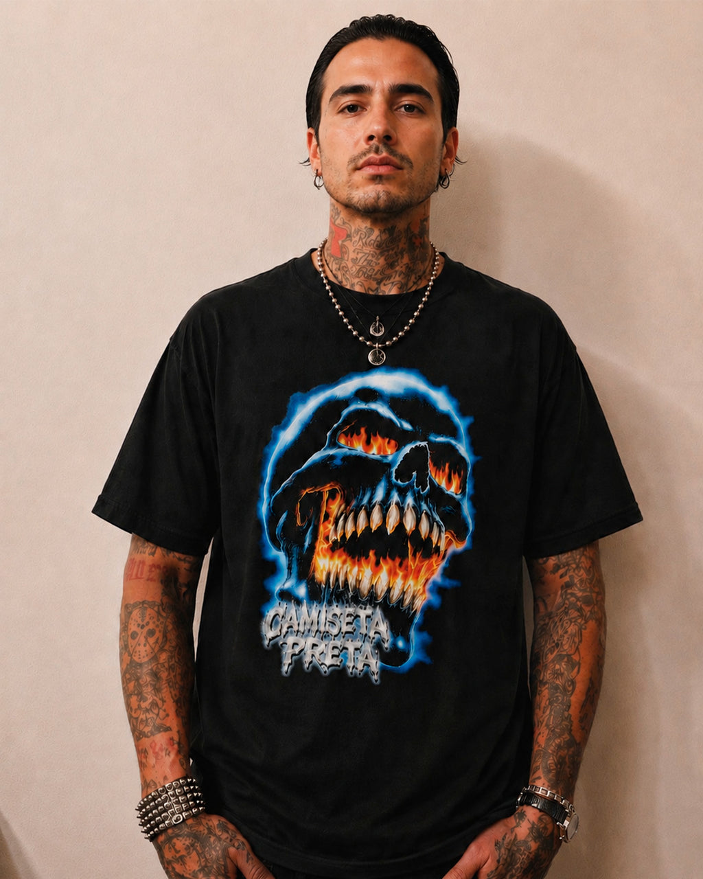 Camiseta Preta Skull of Fire Dark Horror Art