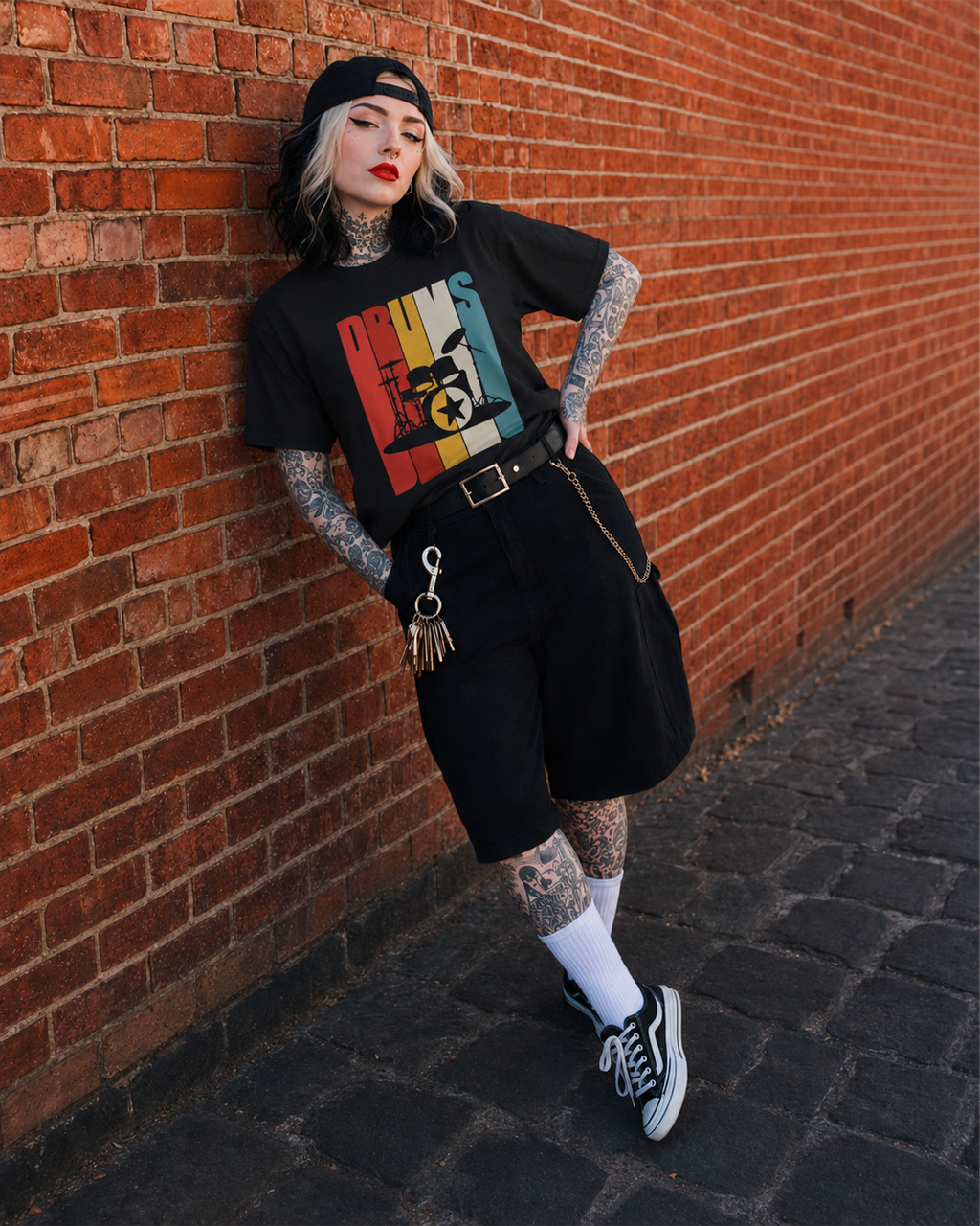 Camiseta Preta Rock Drums Estampa Vintage