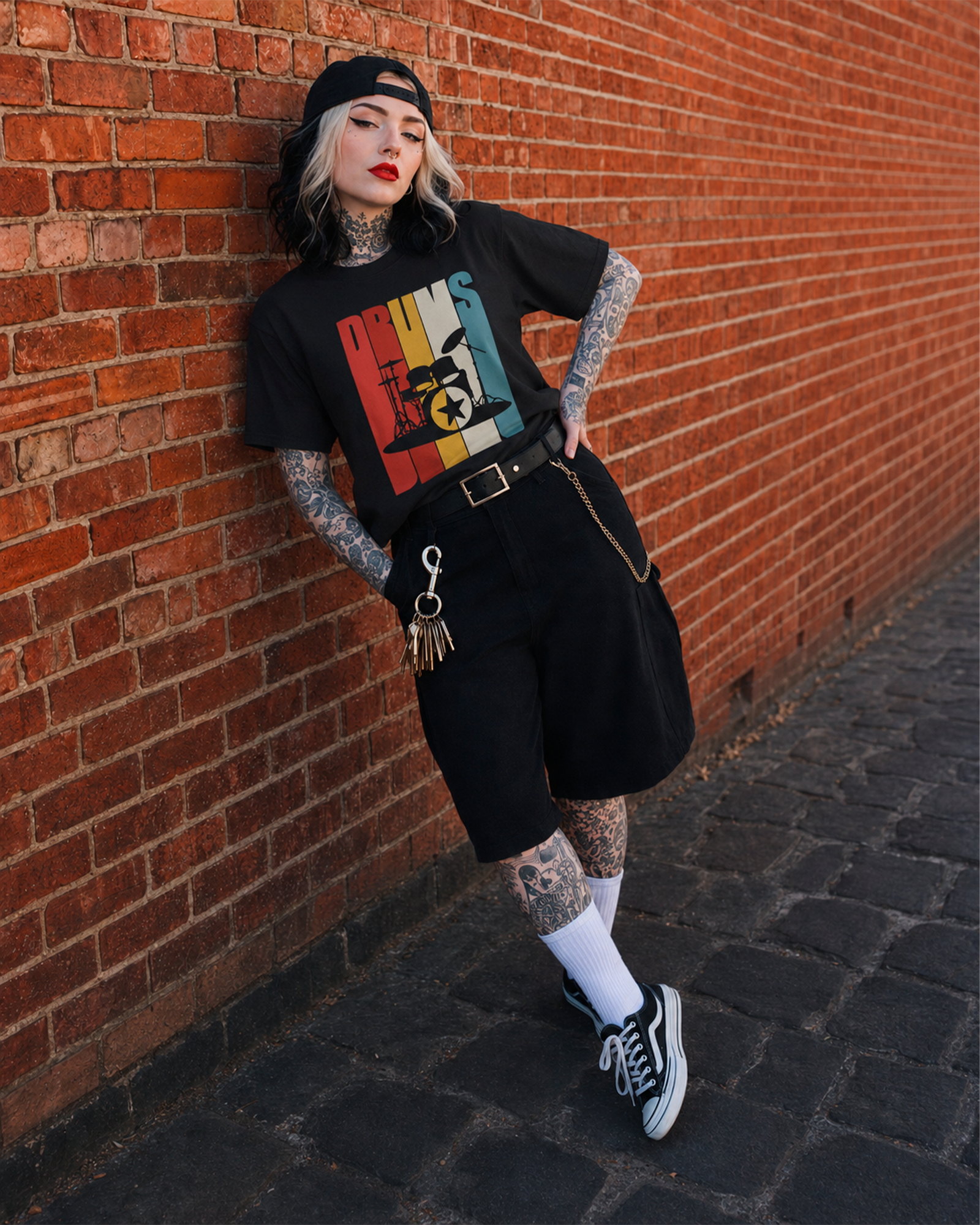 Camiseta Preta Rock Drums Estampa Vintage