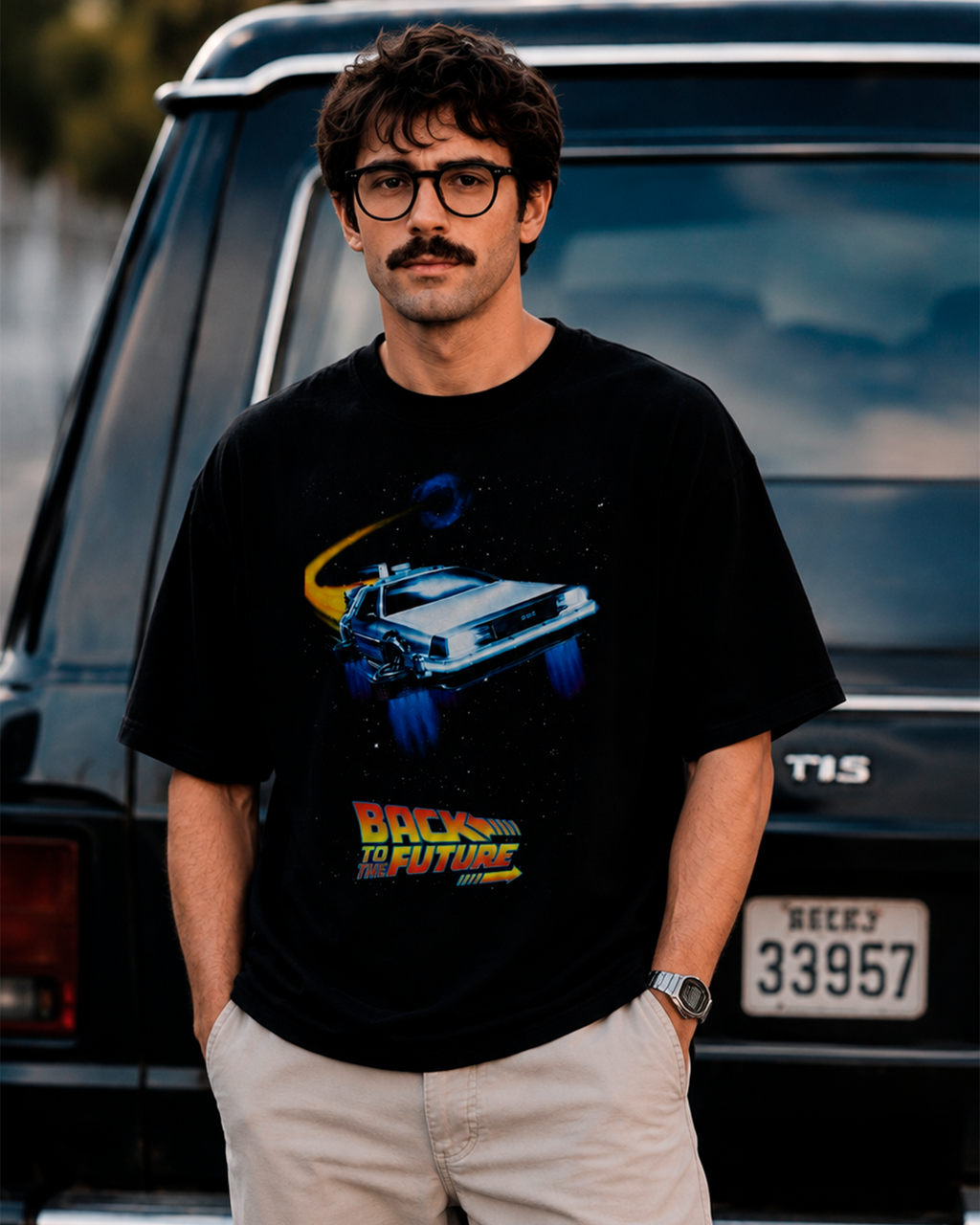 Camiseta Preta DeLorean Espacial Clássico dos Anos 80