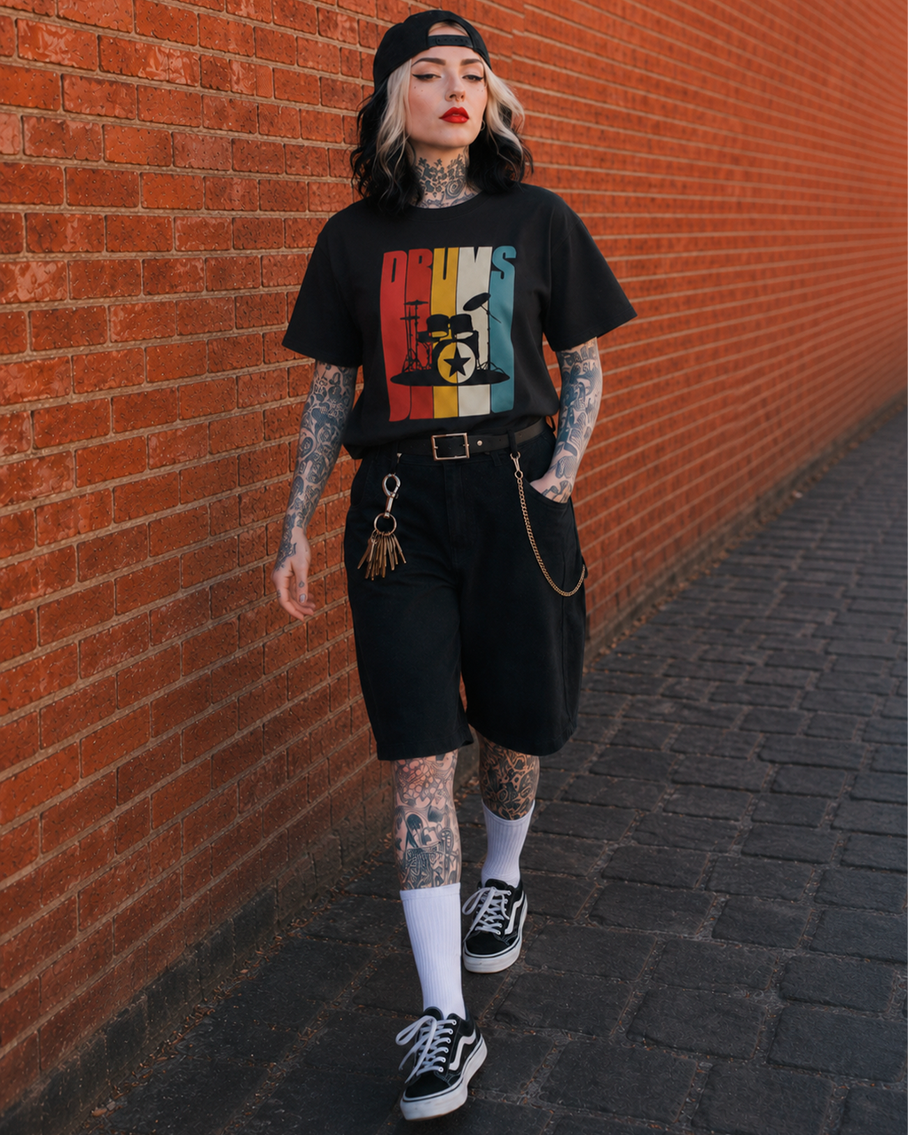 Camiseta Preta Rock Drums Estampa Vintage