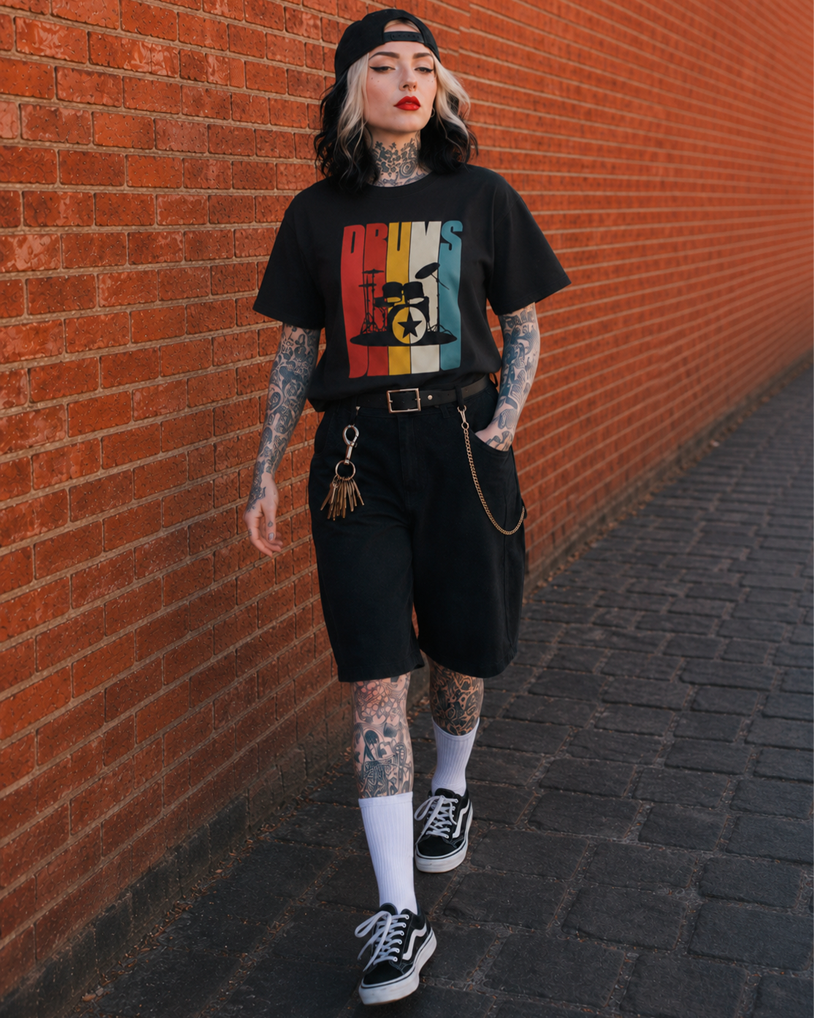 Camiseta Preta Rock Drums Estampa Vintage