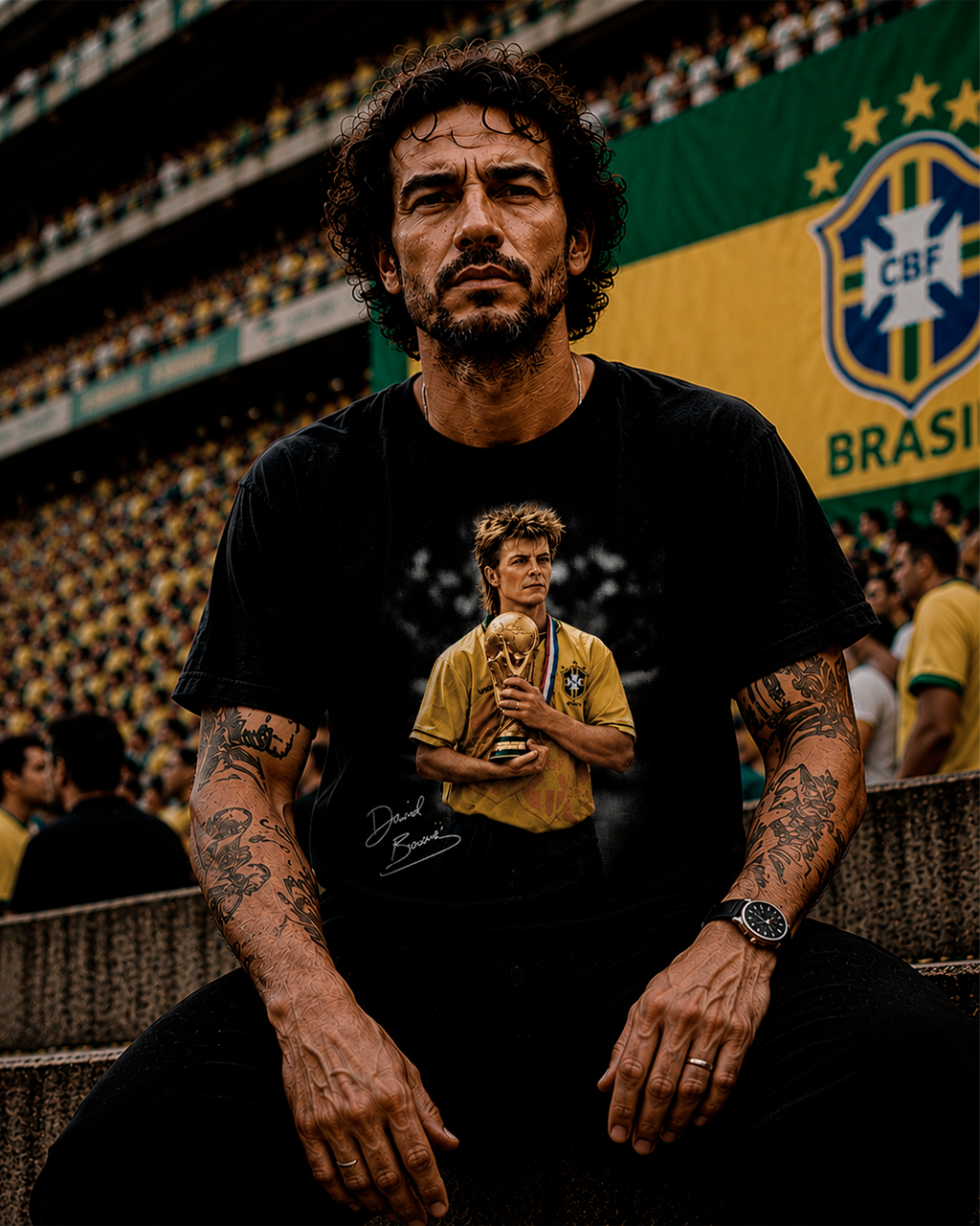 Camiseta Preta David Bowie Levando a Copa Para Casa