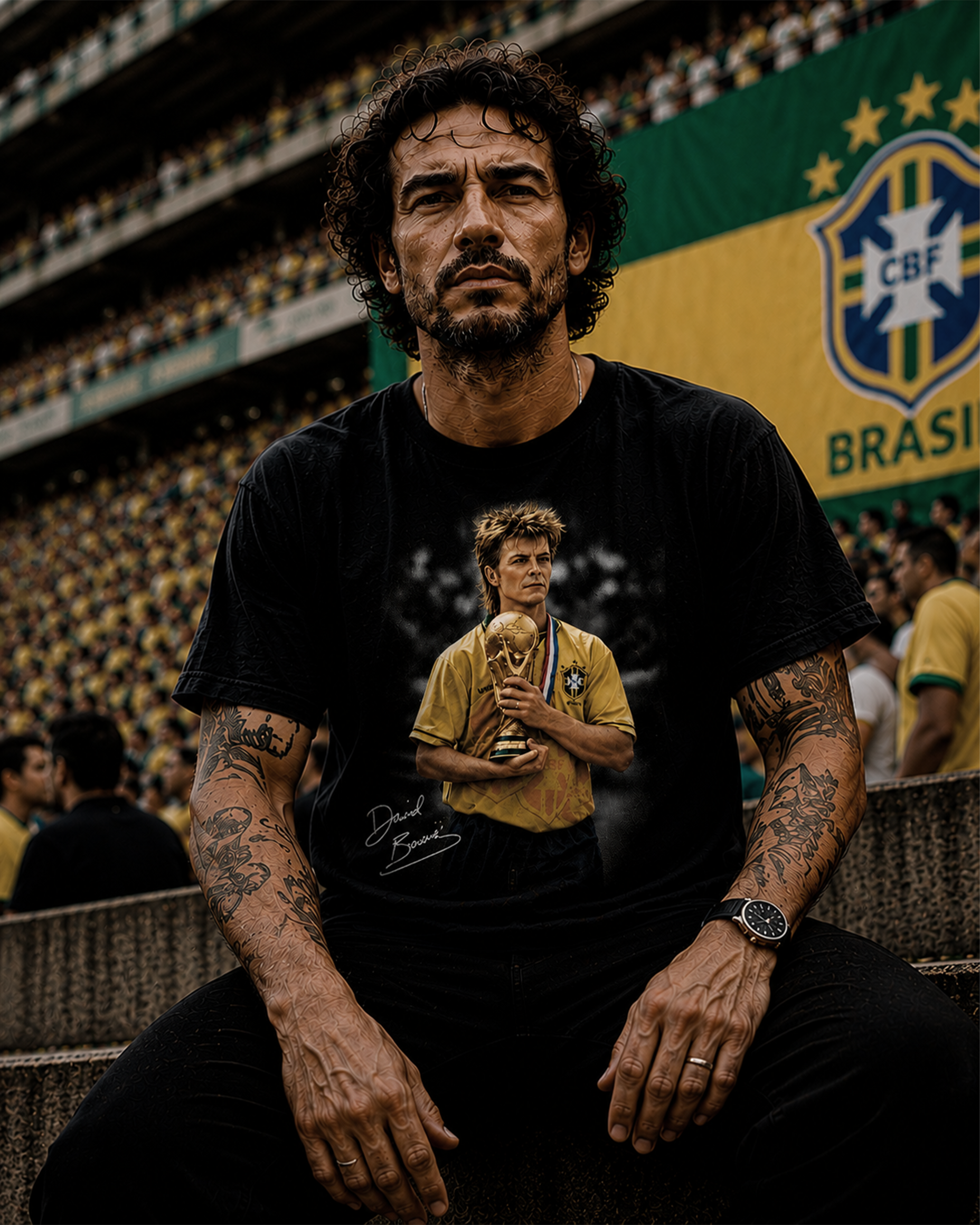Camiseta Preta David Bowie Levando a Copa Para Casa