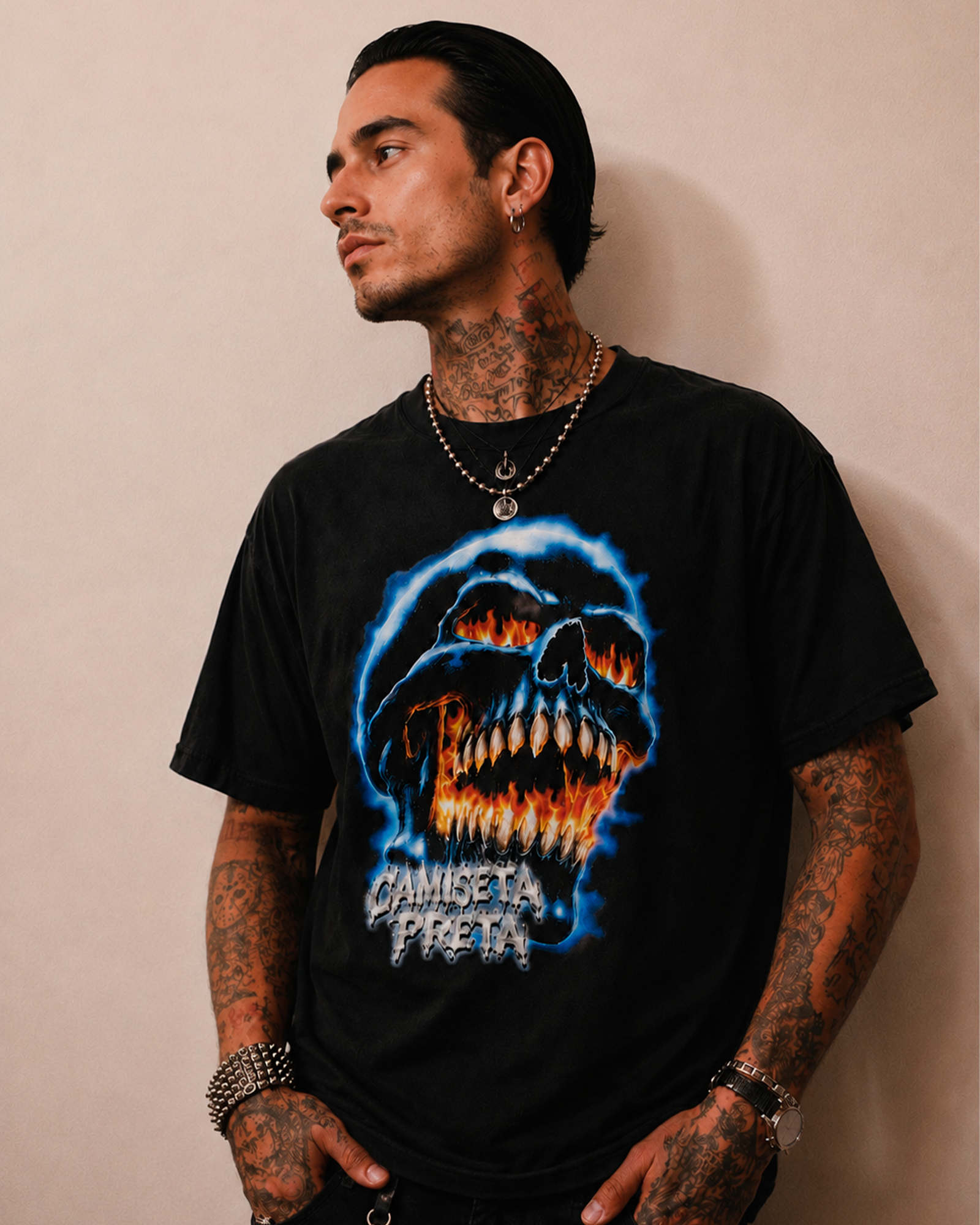 Camiseta Preta Skull of Fire Dark Horror Art