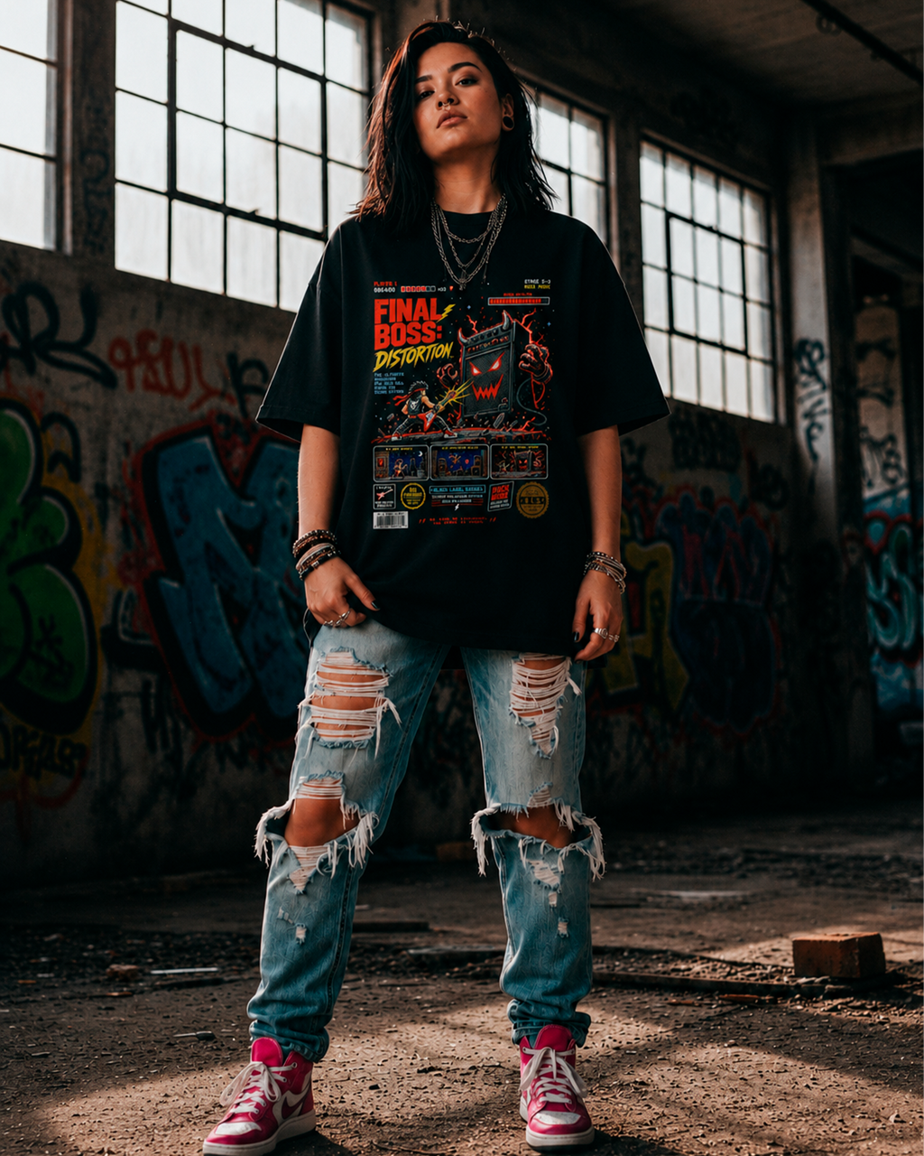 Camiseta Preta Rock Mode Final Boss Distortion