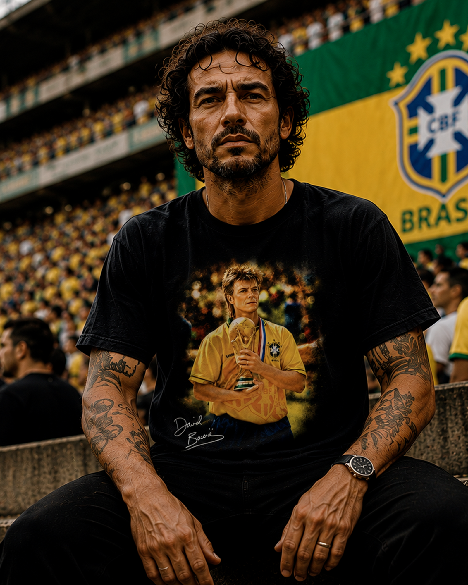 Camiseta Preta David Bowie Levando a Copa Para Casa