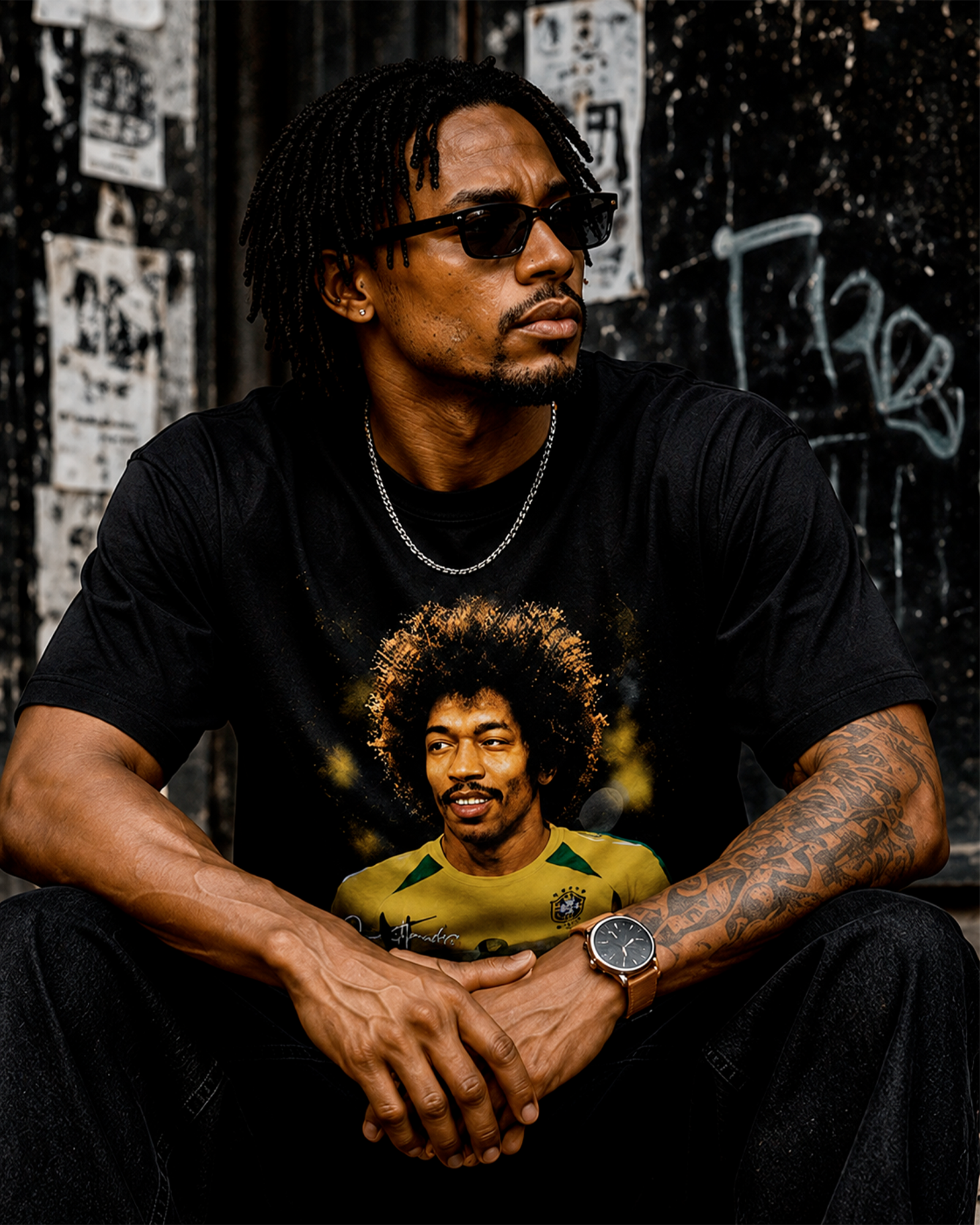 Camiseta Preta Jimi Hendrix Vestindo a Amarelinha
