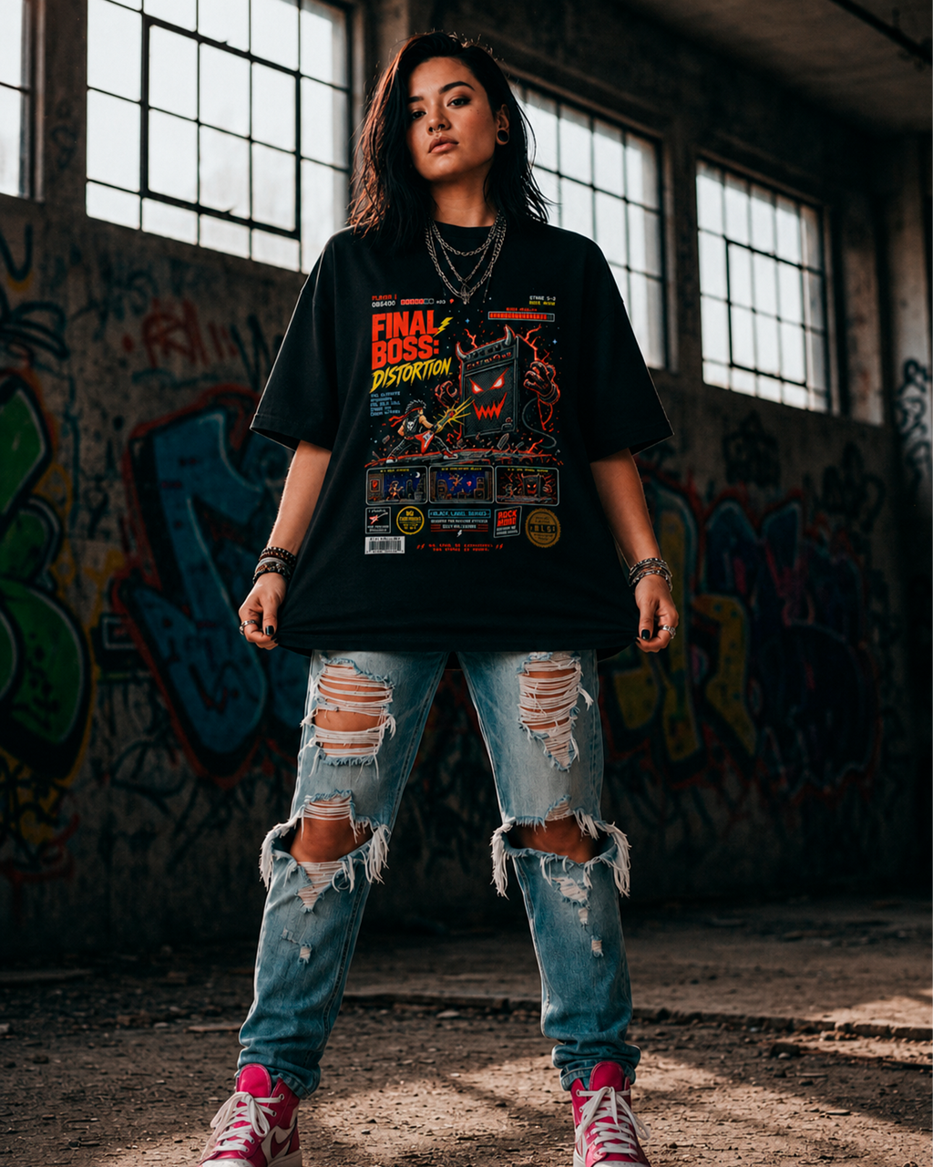 Camiseta Preta Rock Mode Final Boss Distortion