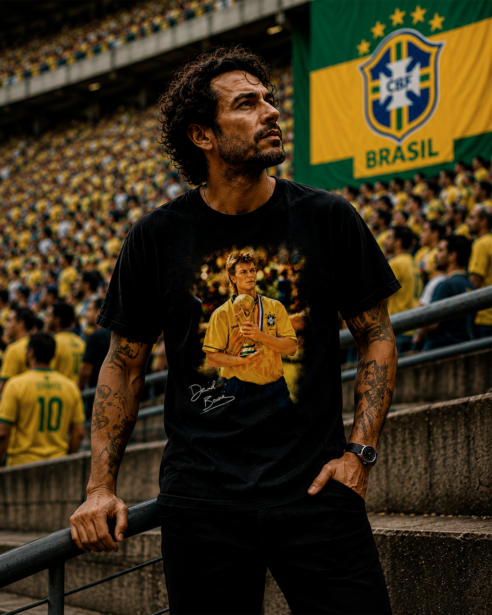 Camiseta Preta David Bowie Levando a Copa Para Casa