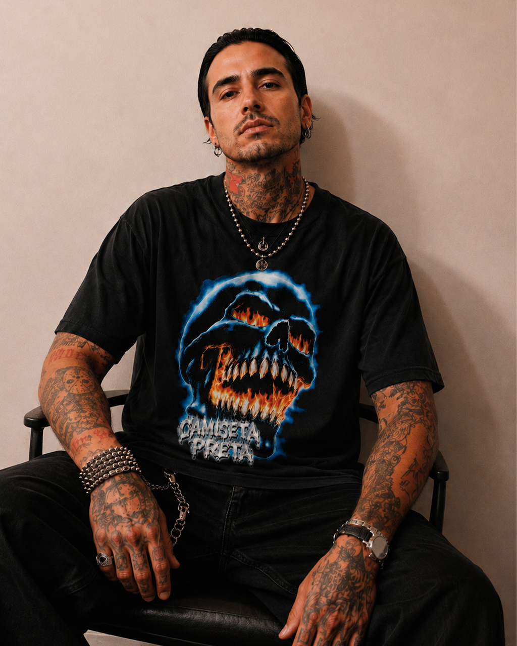 Camiseta Preta Skull of Fire Dark Horror Art