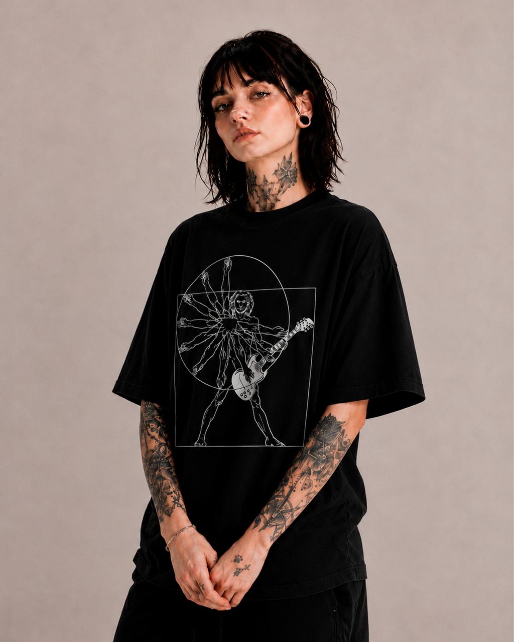 Camiseta Preta Homem Vitruviano Guitarrista