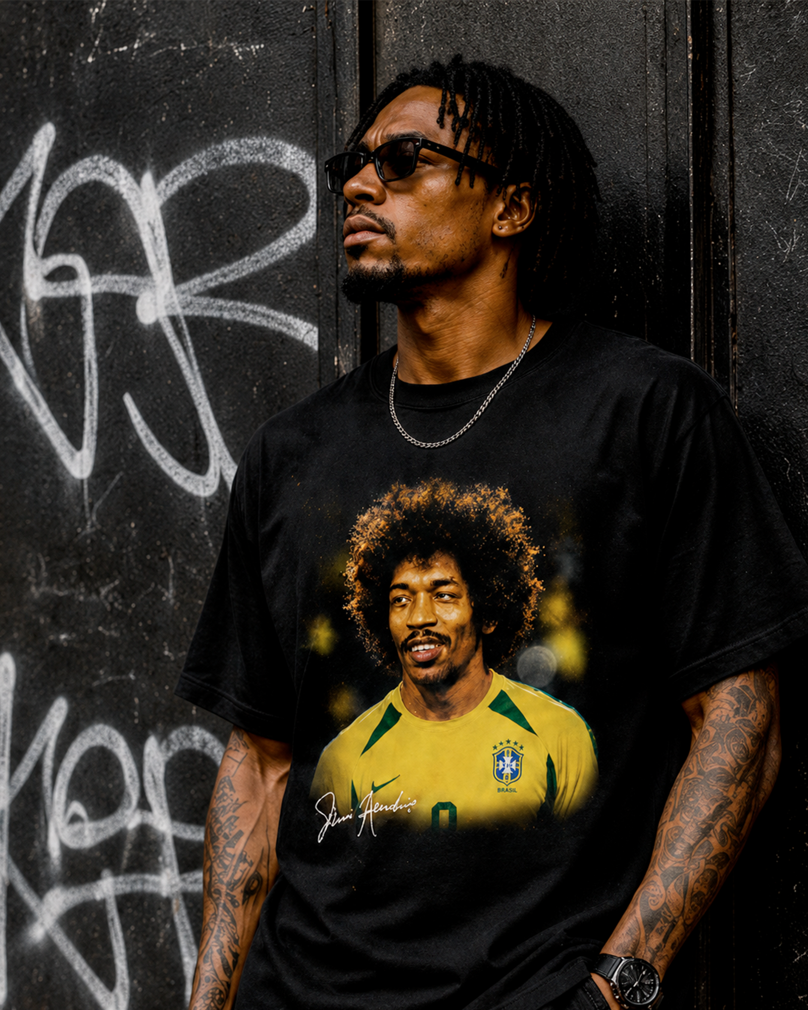 Camiseta Preta Jimi Hendrix Vestindo a Amarelinha