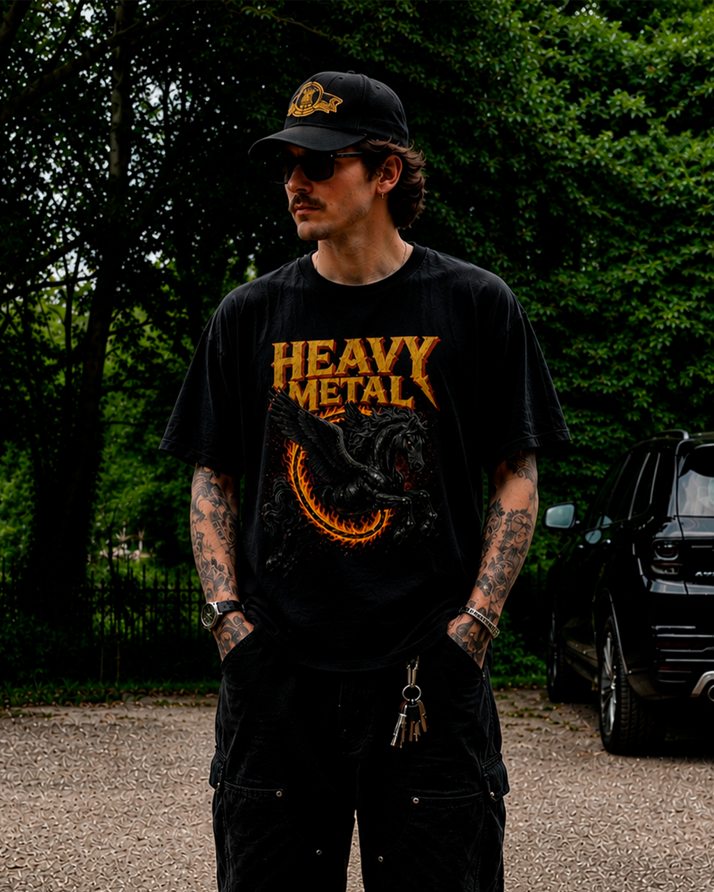 Camiseta Preta Heavy Metal Cavalo Alado em Chamas Rock Pesado