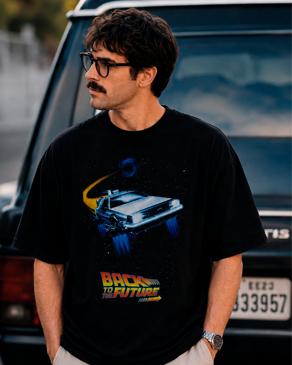 Camiseta Preta DeLorean Espacial Clássico dos Anos 80