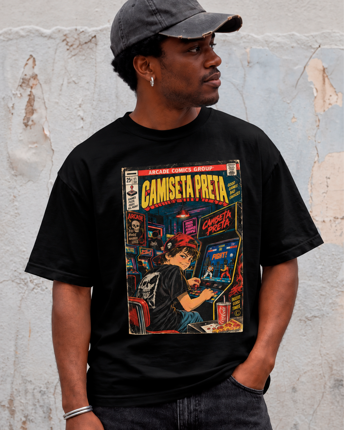 Camiseta Preta Fliperama Good Games Bad Choices