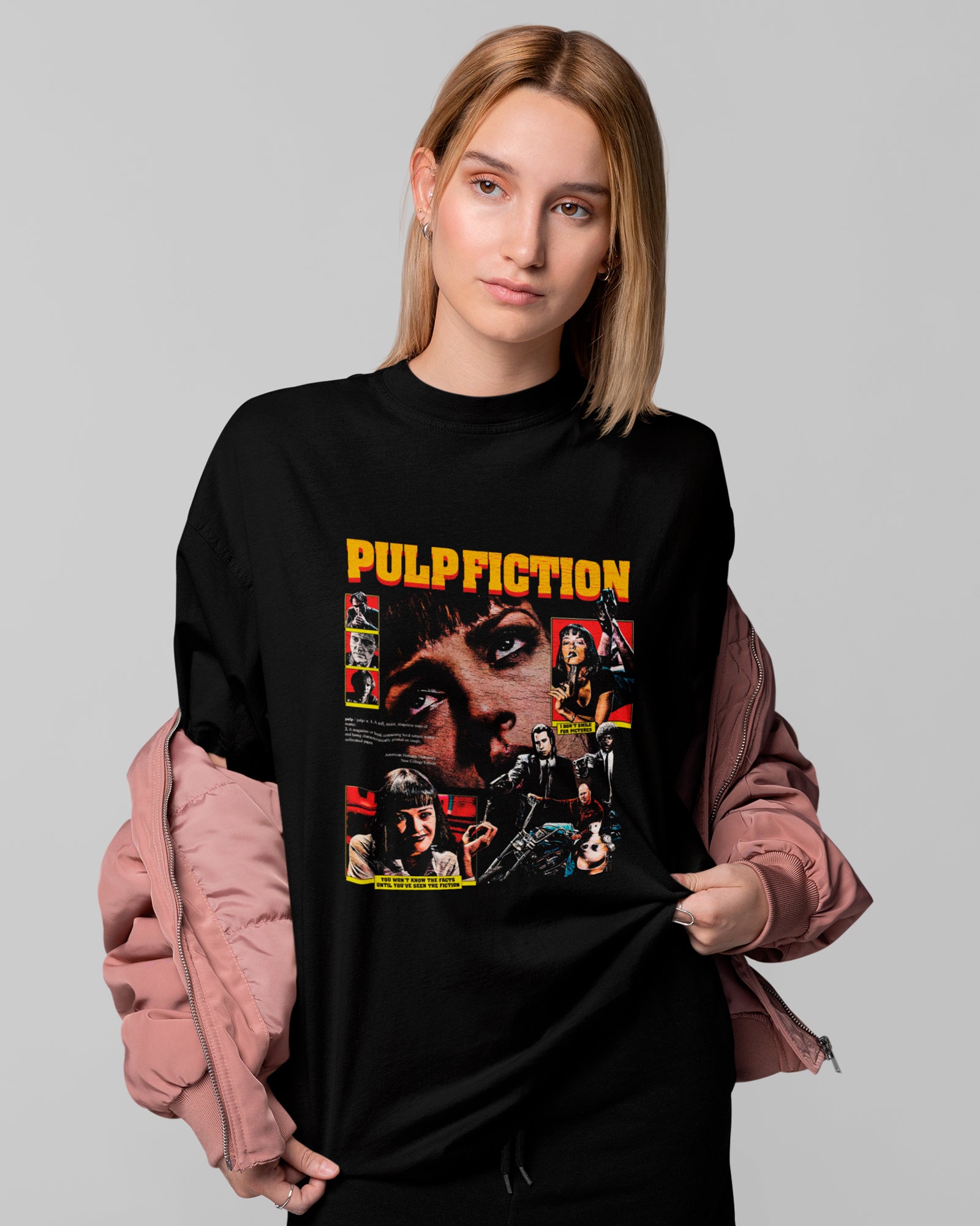 Camiseta Preta Pulp Fiction Mia Wallace Estampa Filme Cult Unissex