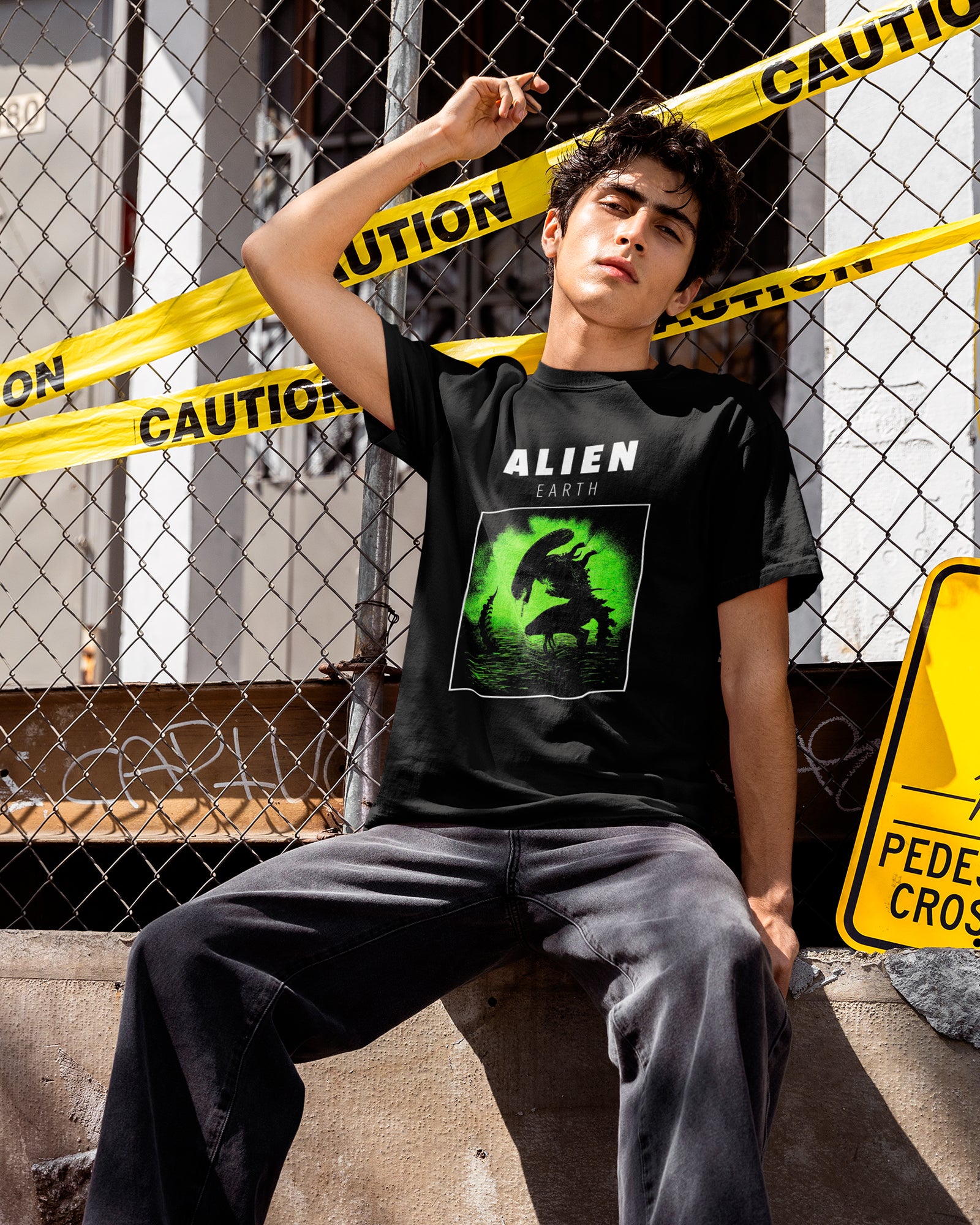 Camiseta Preta Alien Earth Estampa Verde Estilo Sci Fi Futurista