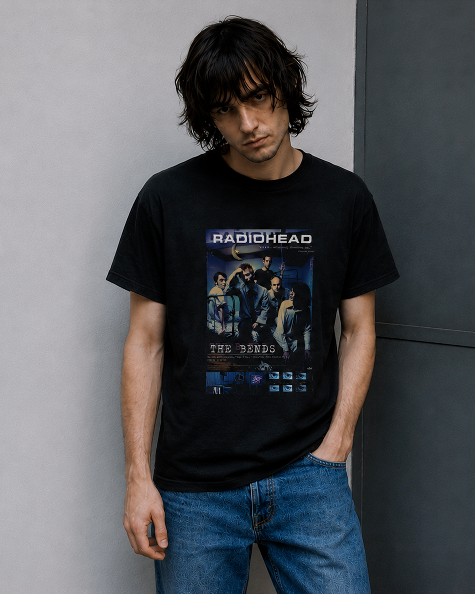 Camiseta Preta Radiohead The Bends Vintage Poster Azul
