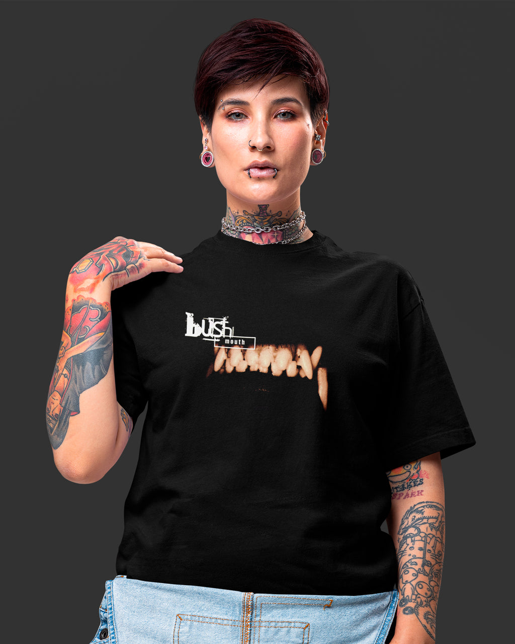 Camiseta Preta Bush Banda Mouth Dentes Rock