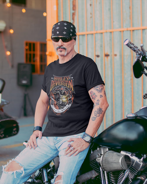 Camiseta Caveira Moto Forever Two Wheels Preta Estampada
