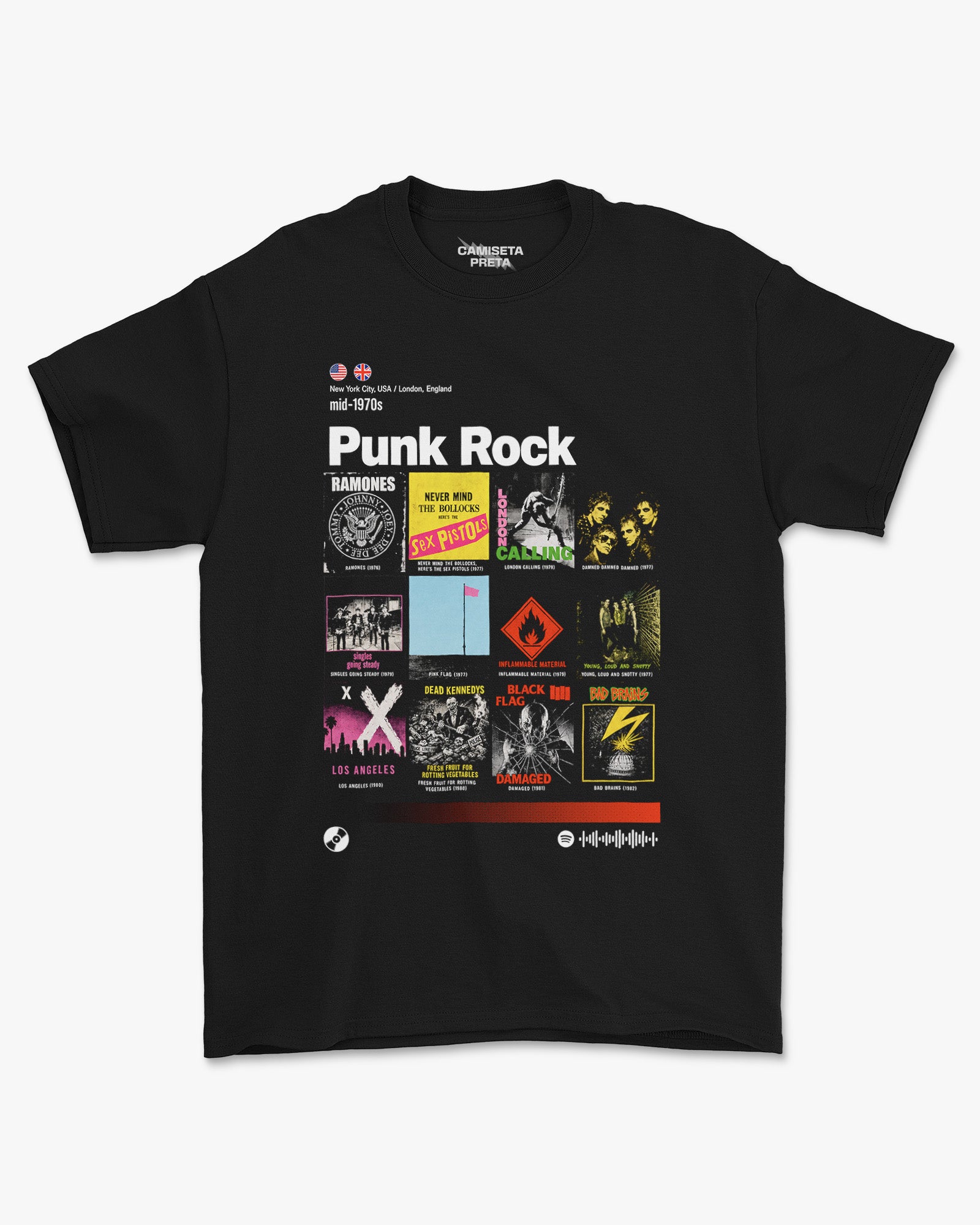 Camiseta Preta Subgêneros do Rock Punk Rock