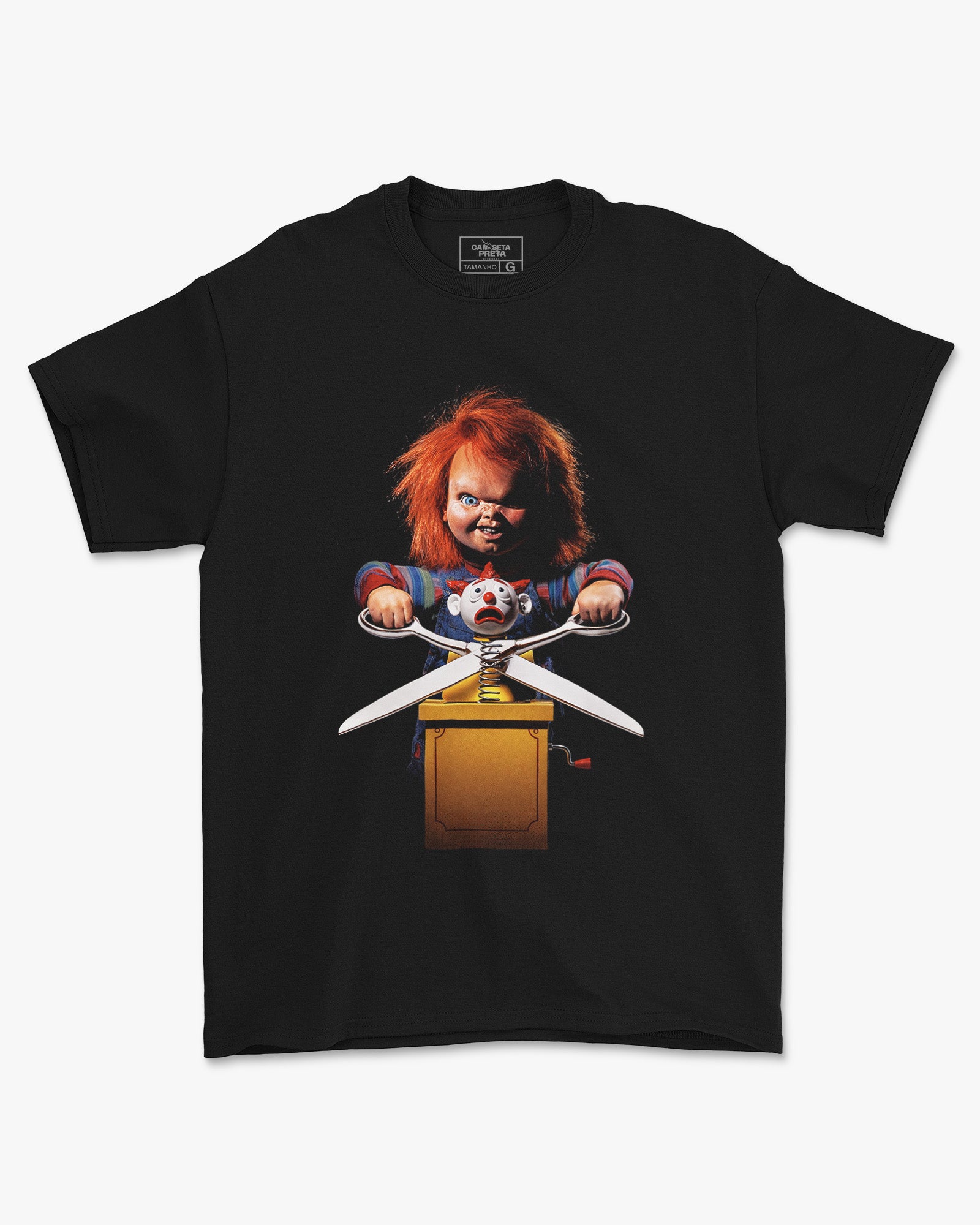 Camiseta Preta Chucky Tesoura Palhaço Unissex