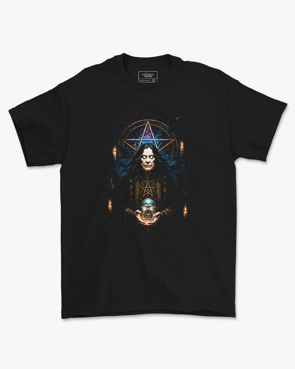 Camiseta Rock Ozzy Osbourne Pentagrama Dourado