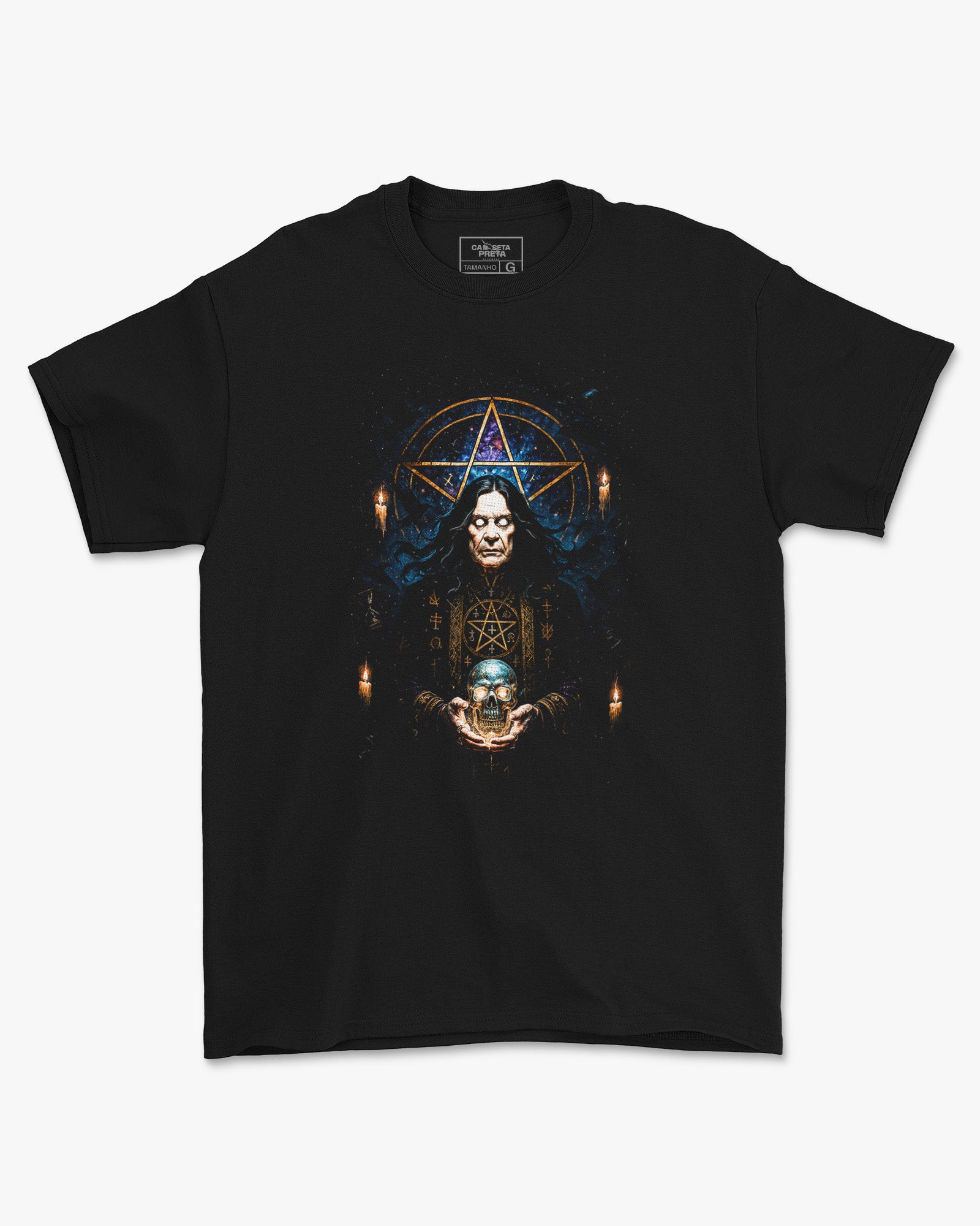 Camiseta Rock Ozzy Osbourne Pentagrama Dourado