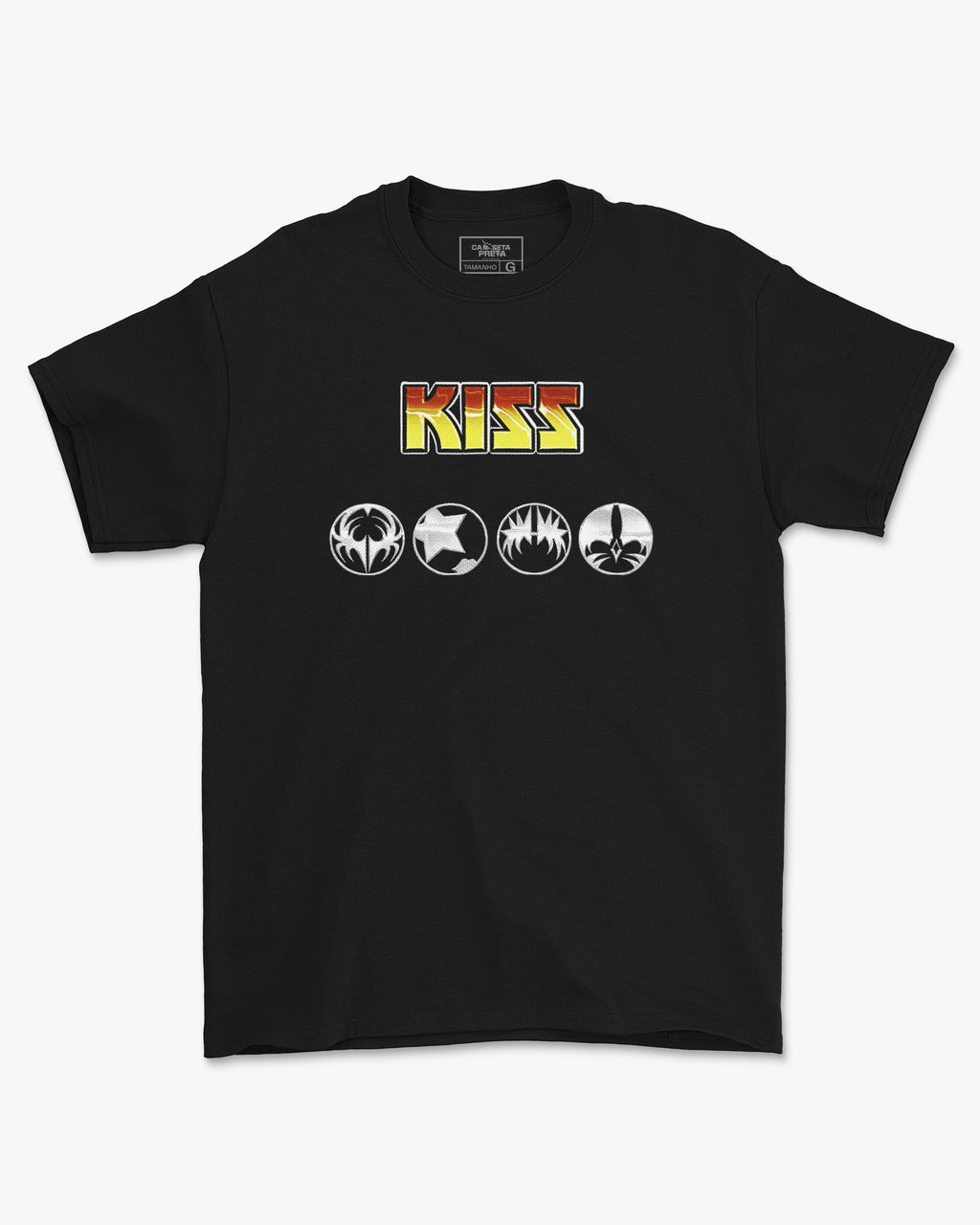 Camiseta Preta KISS Degradê Colorido Símbolos Unissex