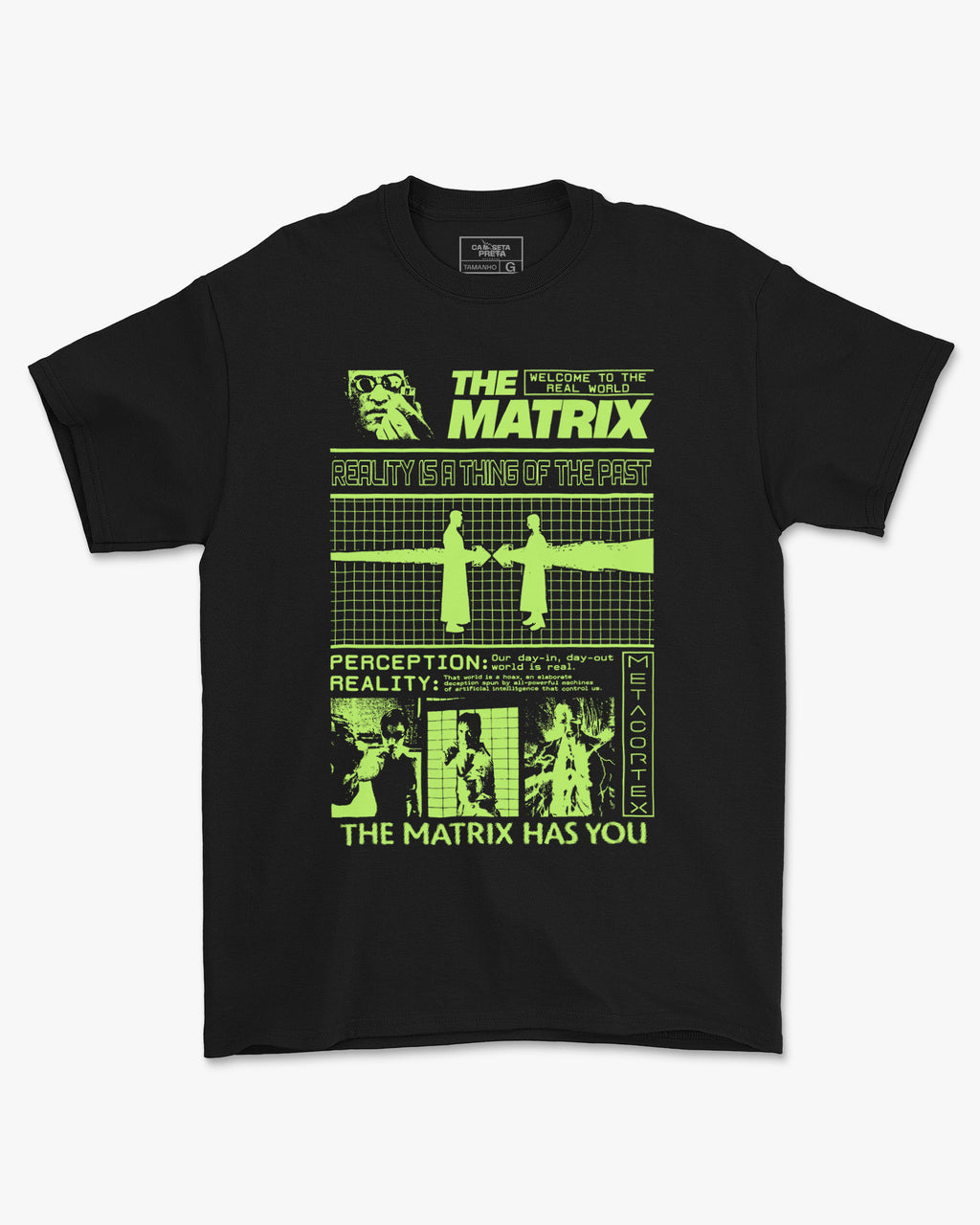 Camiseta Preta Matrix Estampa Inspirada no Clássico de 1999 Unissex