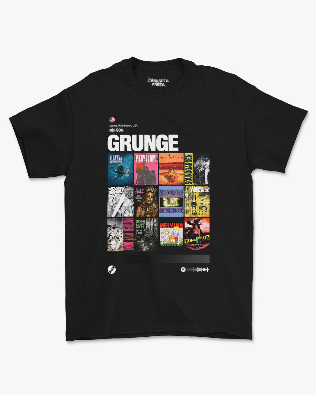 Camiseta Preta Grunge Playlist Rock Anos 90