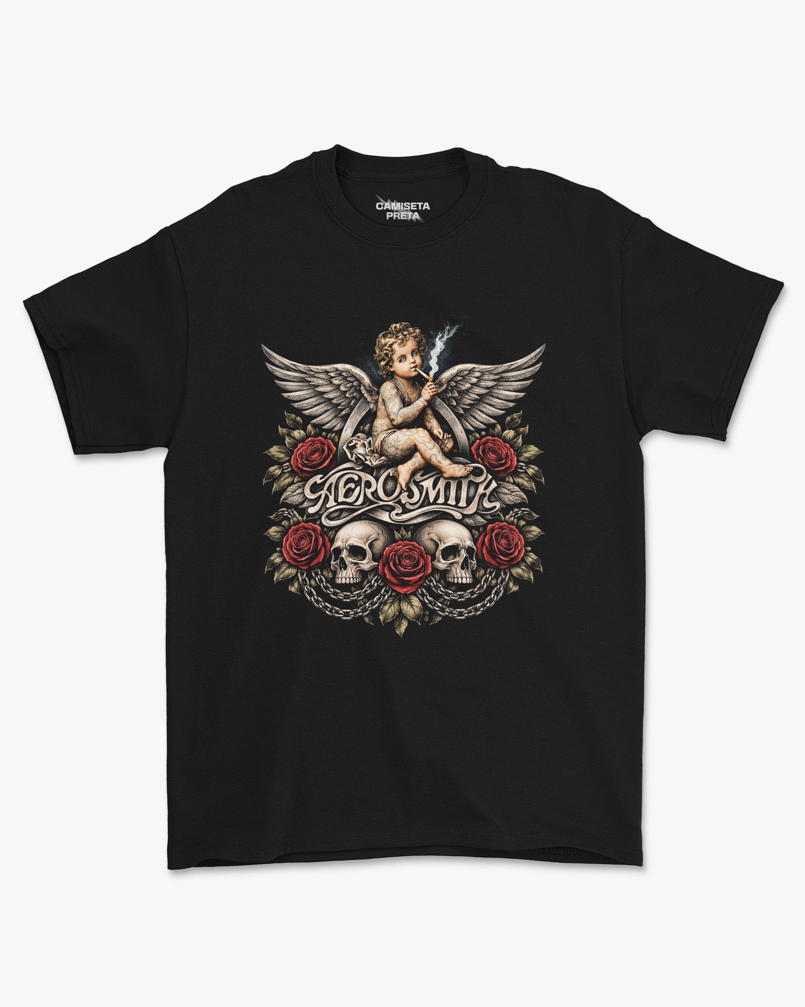 Camiseta Preta Aerosmith Hard Rock Skull & Roses