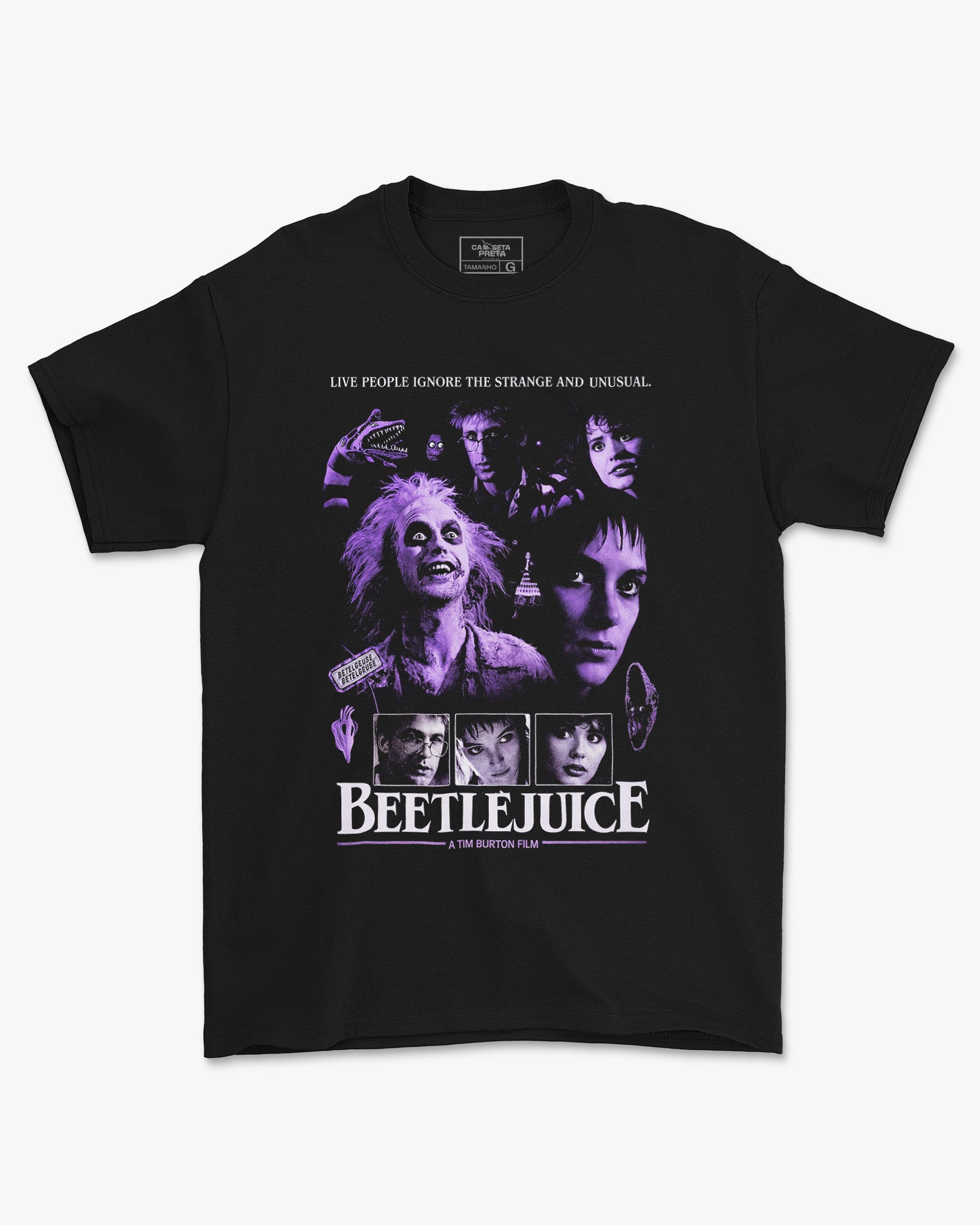 Camiseta Preta Beetlejuice Strange and Unusual Frase Unissex