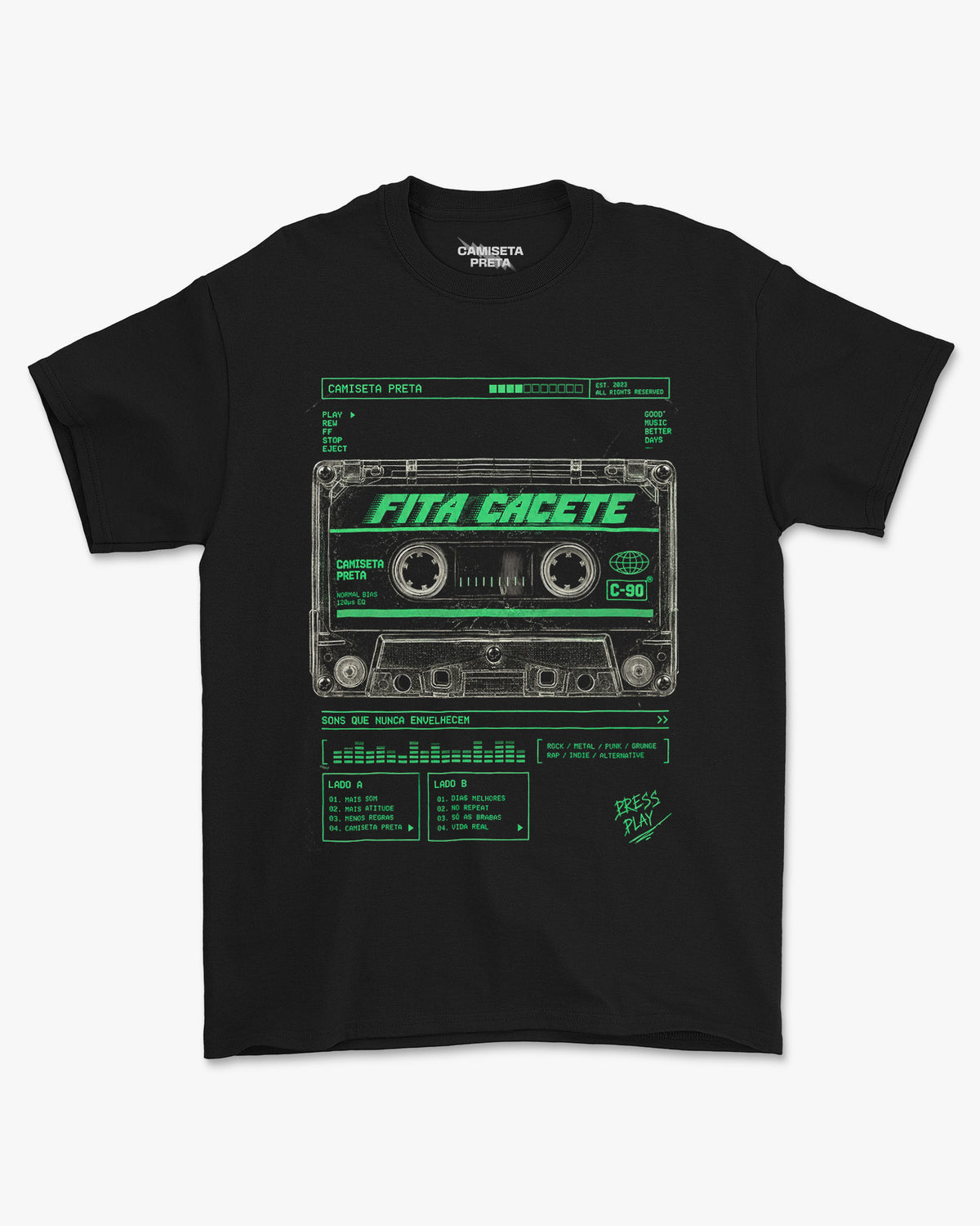Título: Camiseta Preta Fita Cassete Press Play