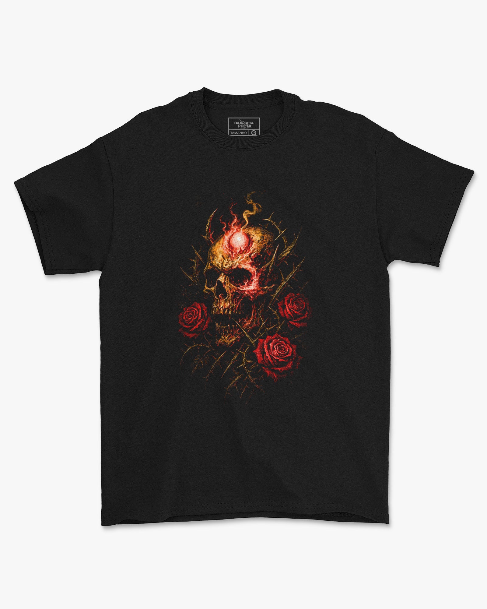Camiseta Preta Caveiras Rosas e Espinhos