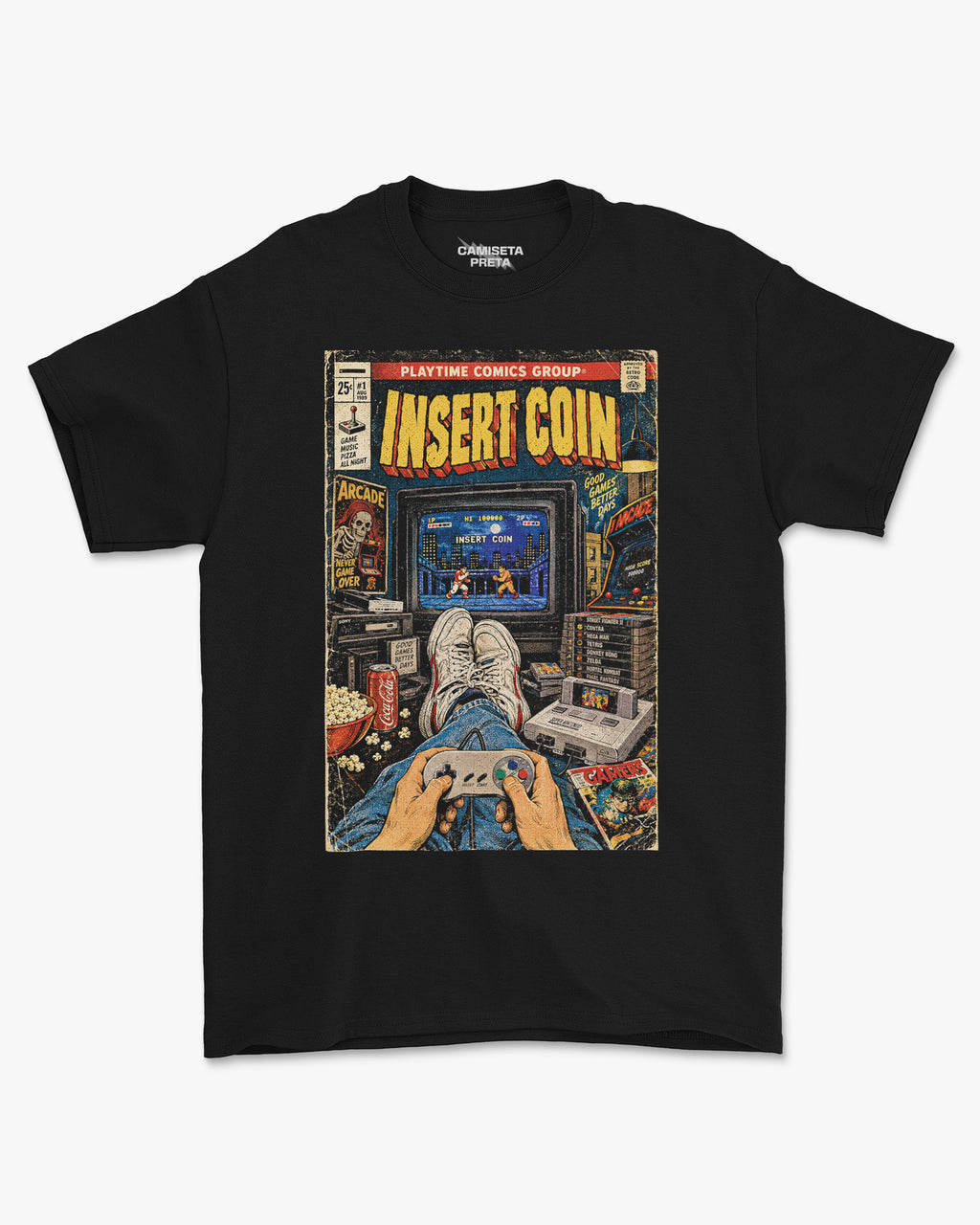 Camiseta Preta Insert Coin Good Games Better Days