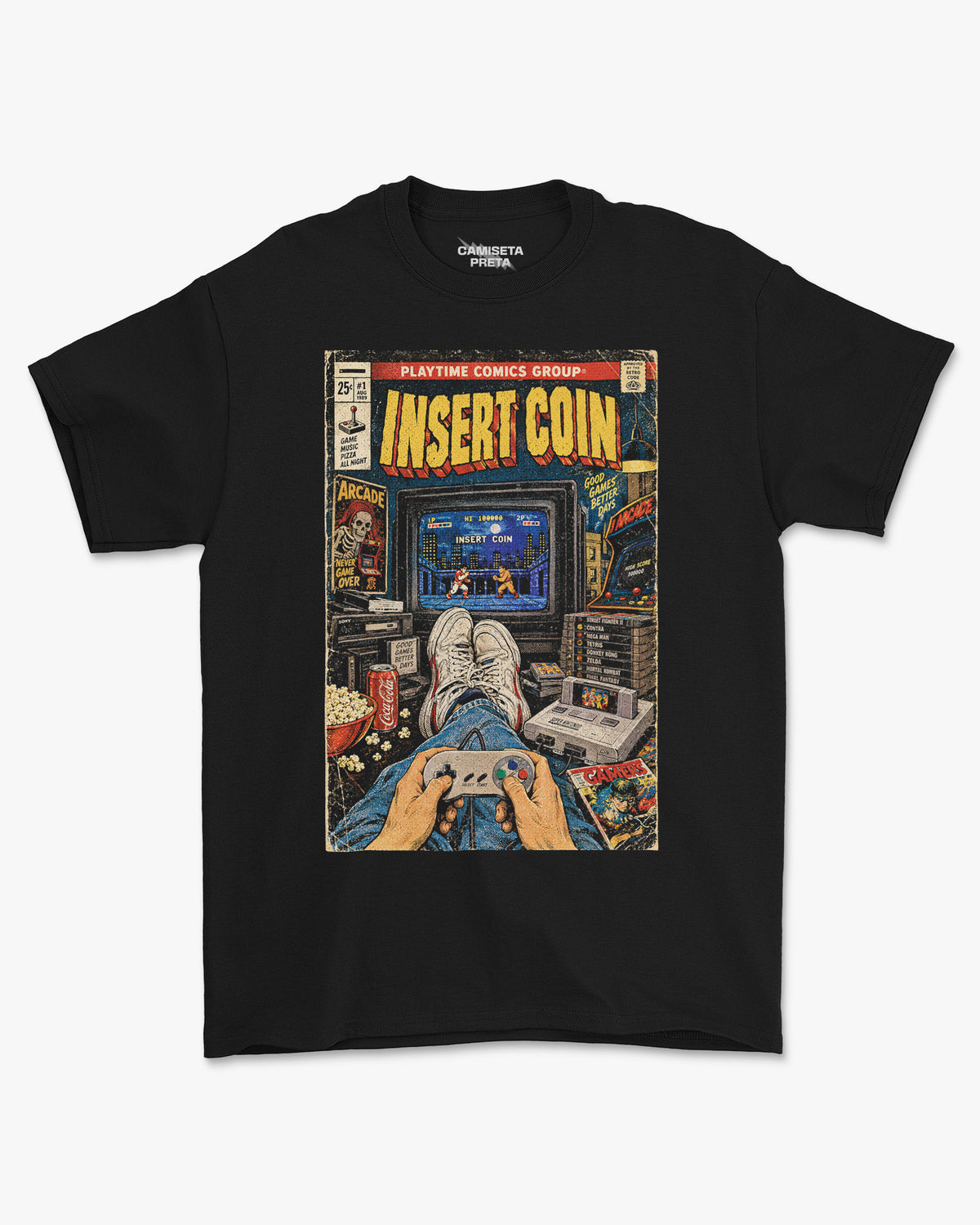 Camiseta Preta Insert Coin Good Games Better Days
