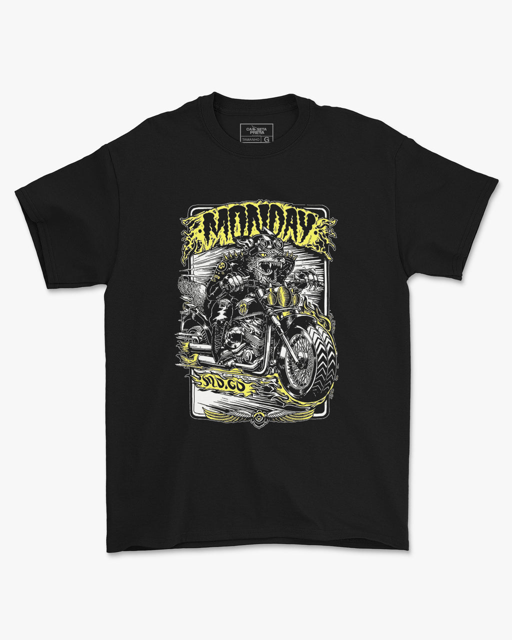 Camiseta Preta Monday Gato Motocicleta Unissex