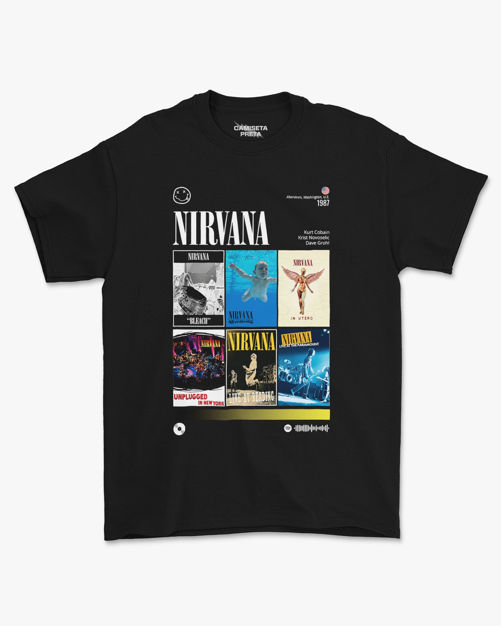 Camiseta Preta Nirvana Discografia